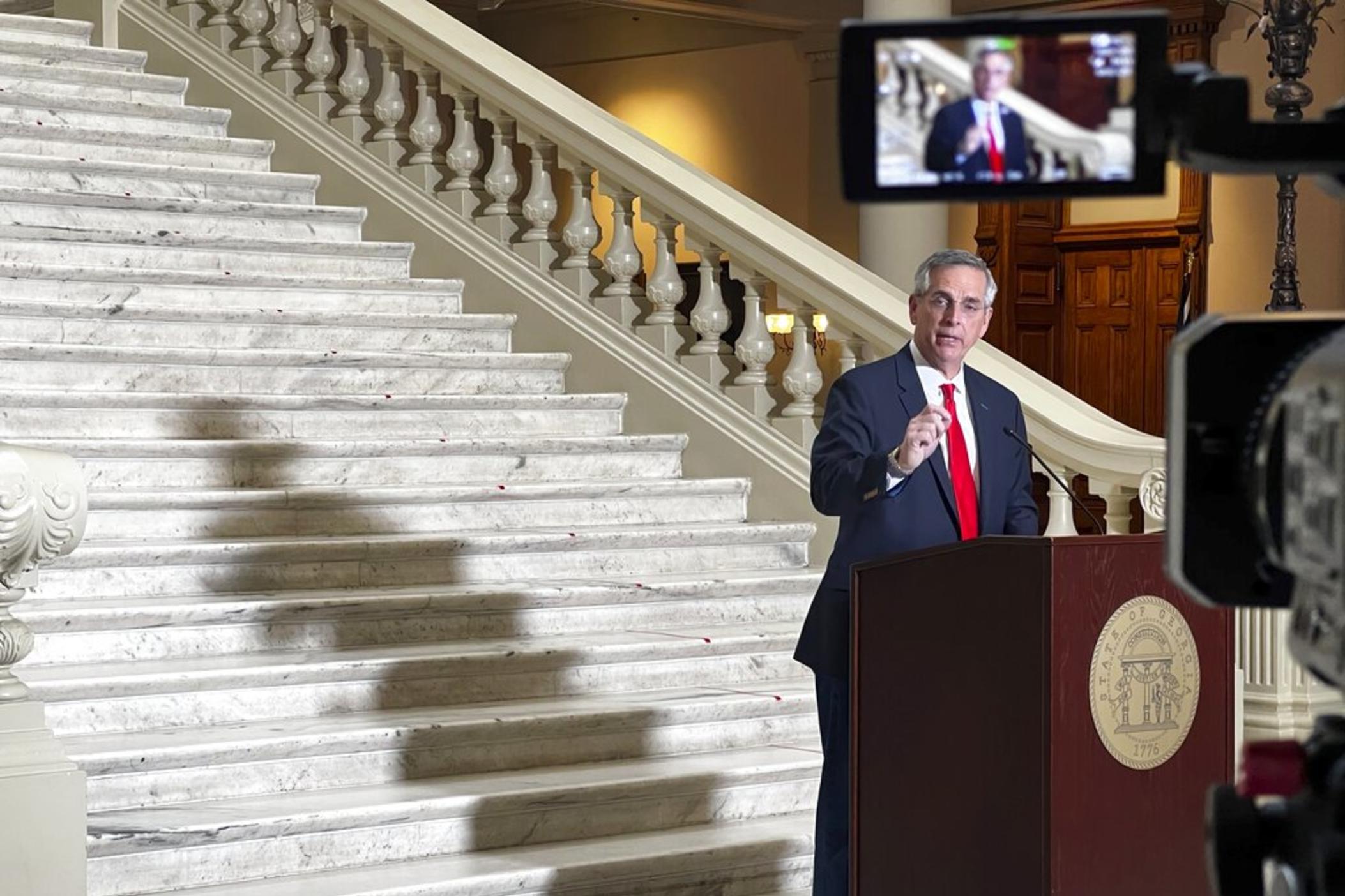 Georgia Secretary of State Brad Raffensperger holds a news conference in Atlanta on Wednesday, Nov. 9, 2022. Raffensperger beat Democratic state Rep. Bee Nguyen and Libertarian Ted Metz in the midterm election, which concluded Tuesday, Nov. 8. 