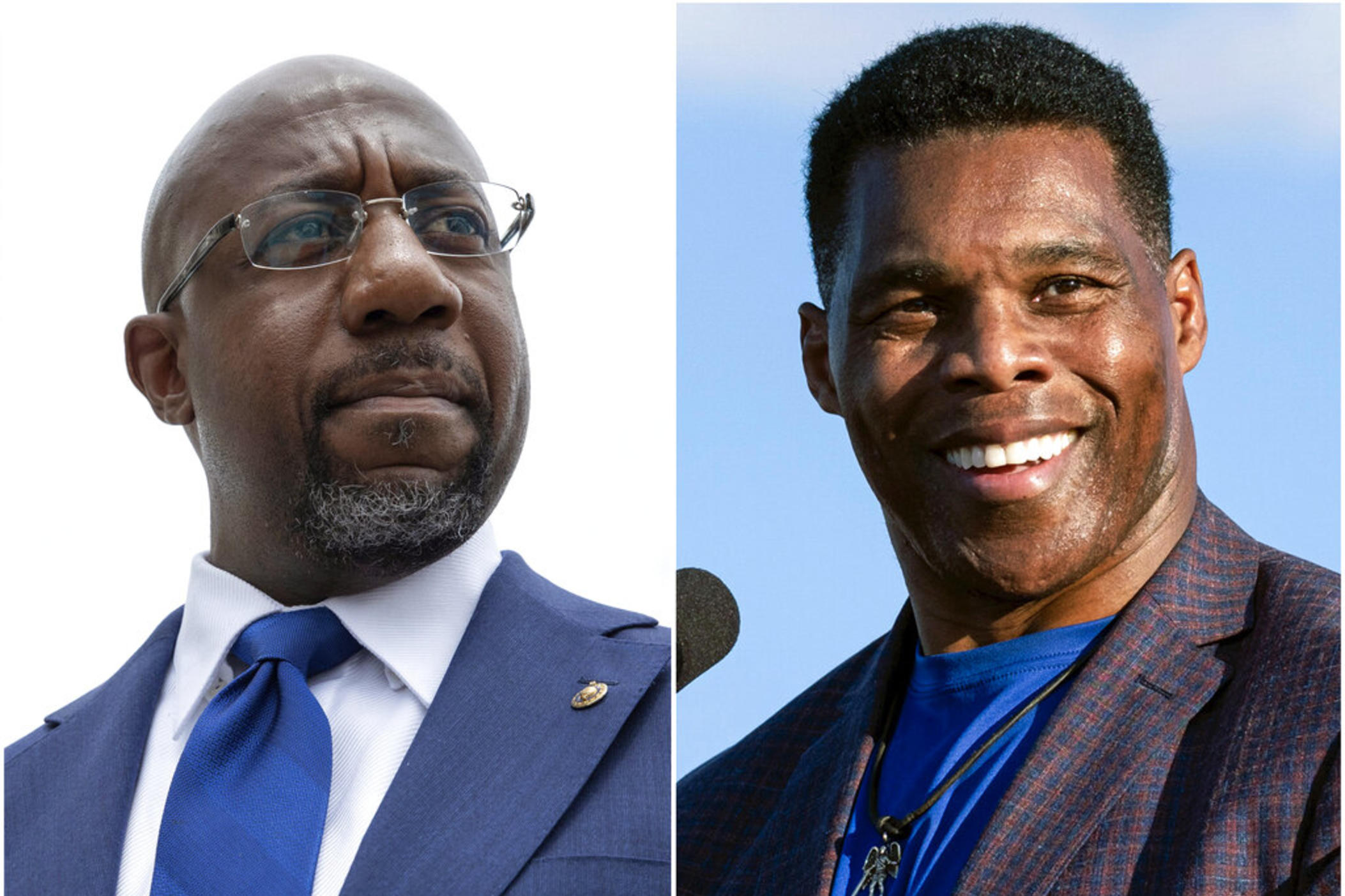 This combination of photos shows, Sen. Raphael Warnock, D-Ga., speaking to reporters on Capitol Hill in Washington, Aug. 3, 2021, left, and Republican Senate candidate Herschel Walker speaking in Perry, Ga., Sept. 25, 2021.