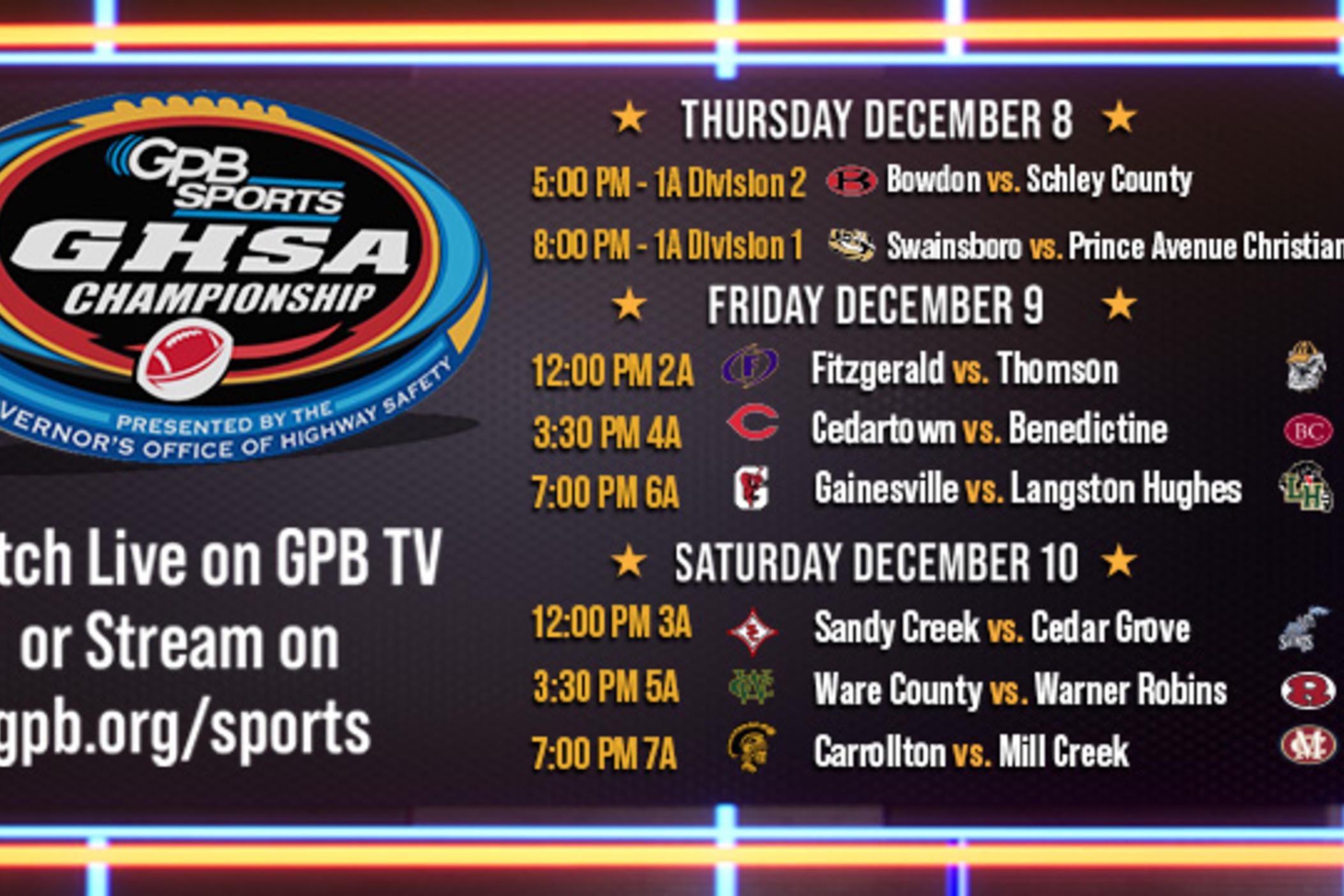 Schedule for GHSA Football Championship Week Public Broadcasting