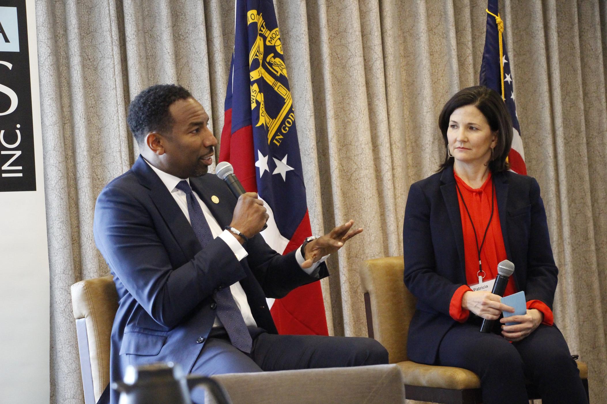 Atlanta Mayor Andre Dickens speaks at an Atlanta Press Club luncheon in Buckhead with moderator Patricia Murphy on Feb. 7, 2023. 