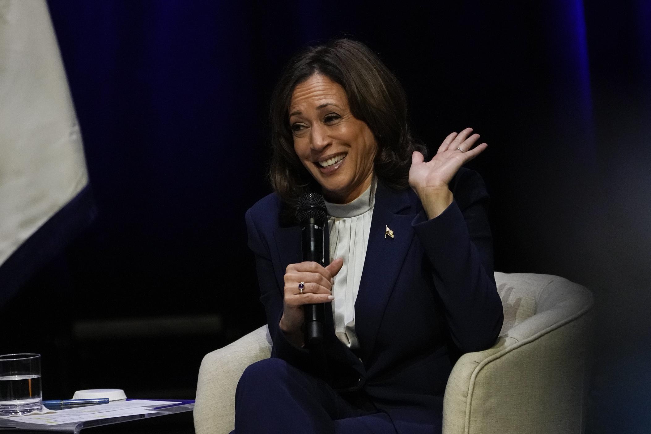 Vice President Kamala Harris laughs as she talks about climate change at Georgia Tech on Wednesday, Feb. 8, 2023, in Atlanta.
