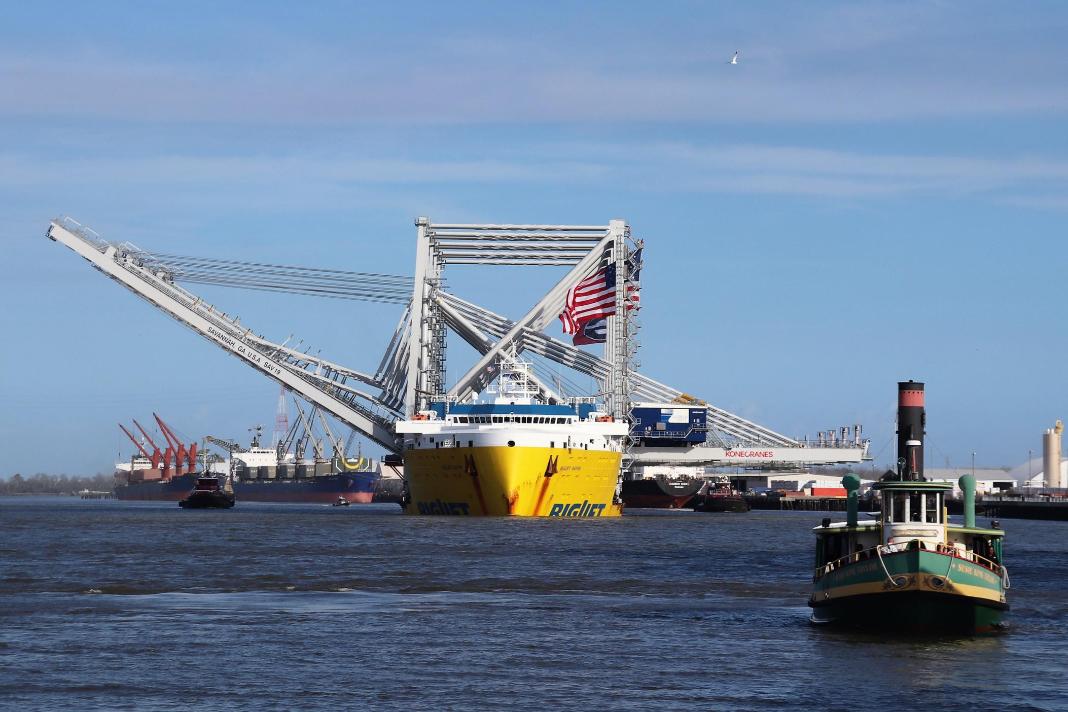 The ship BigLift Baffin carried four cranes along the Savannah River on Thursday, Feb. 9, 2023.