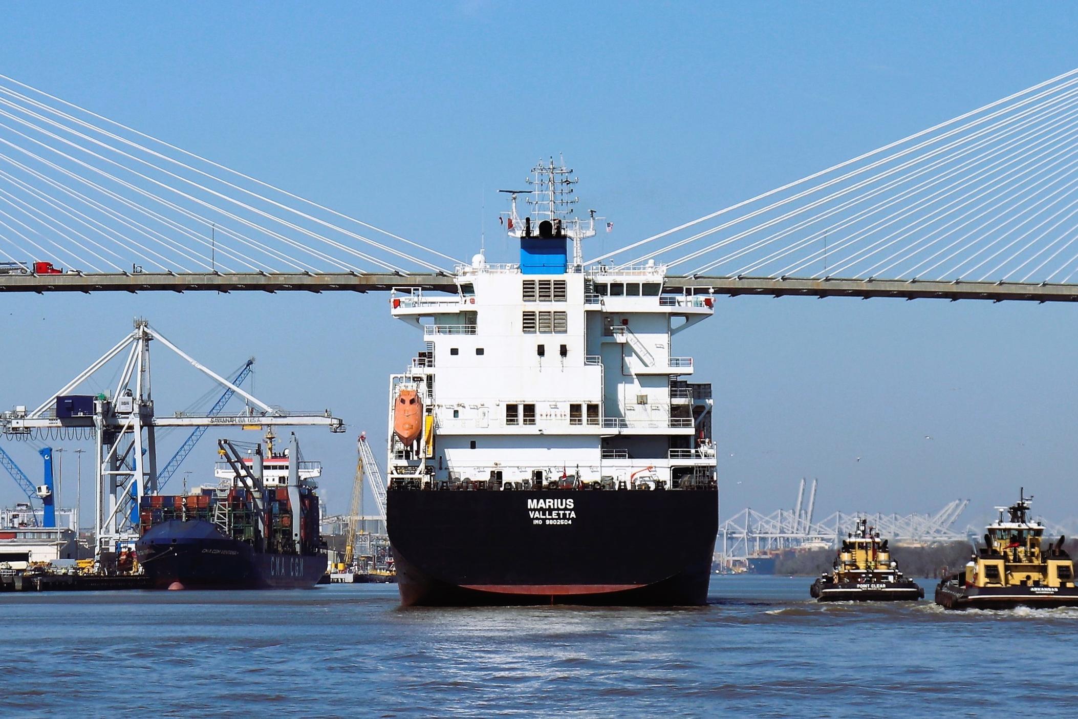 The container ship Marius sails toward the Talmadge Memorial Bridge en route to the Port of Savannah's Ocean Terminal.