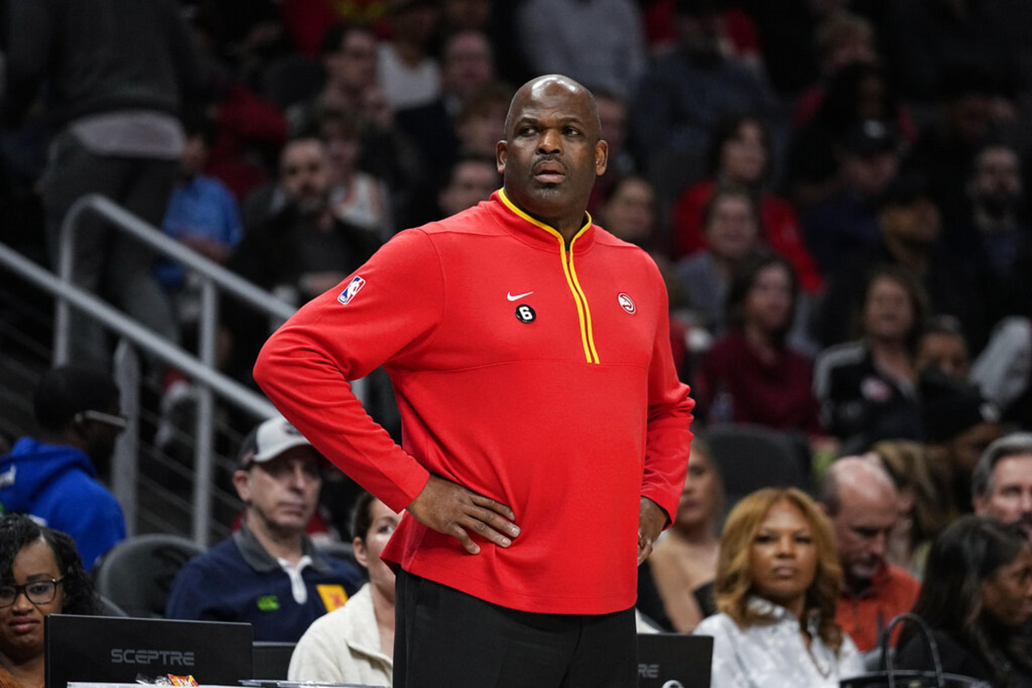 Atlanta Hawks head coach Nate McMillan looks on from the bench during the first half of an NBA basketball game against the Phoenix Suns, Thursday, Feb. 9, 2023, in Atlanta.