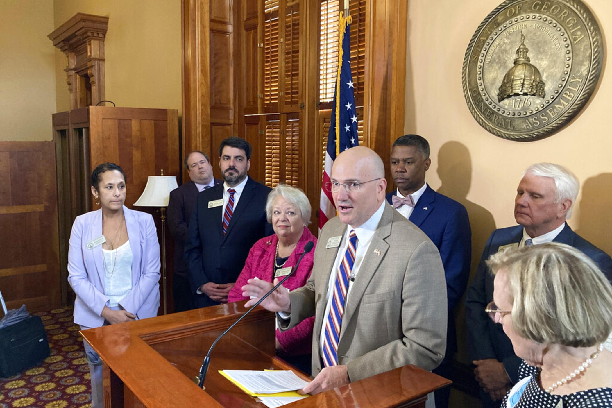 Georgia state Rep. Todd Jones, R-Cumming, speaks about plans for mental health legislation, Tuesday, Feb. 21, 2023, at the Capitol in Atlanta. Jones and other House members say the measure will build on a law passed in 2022.