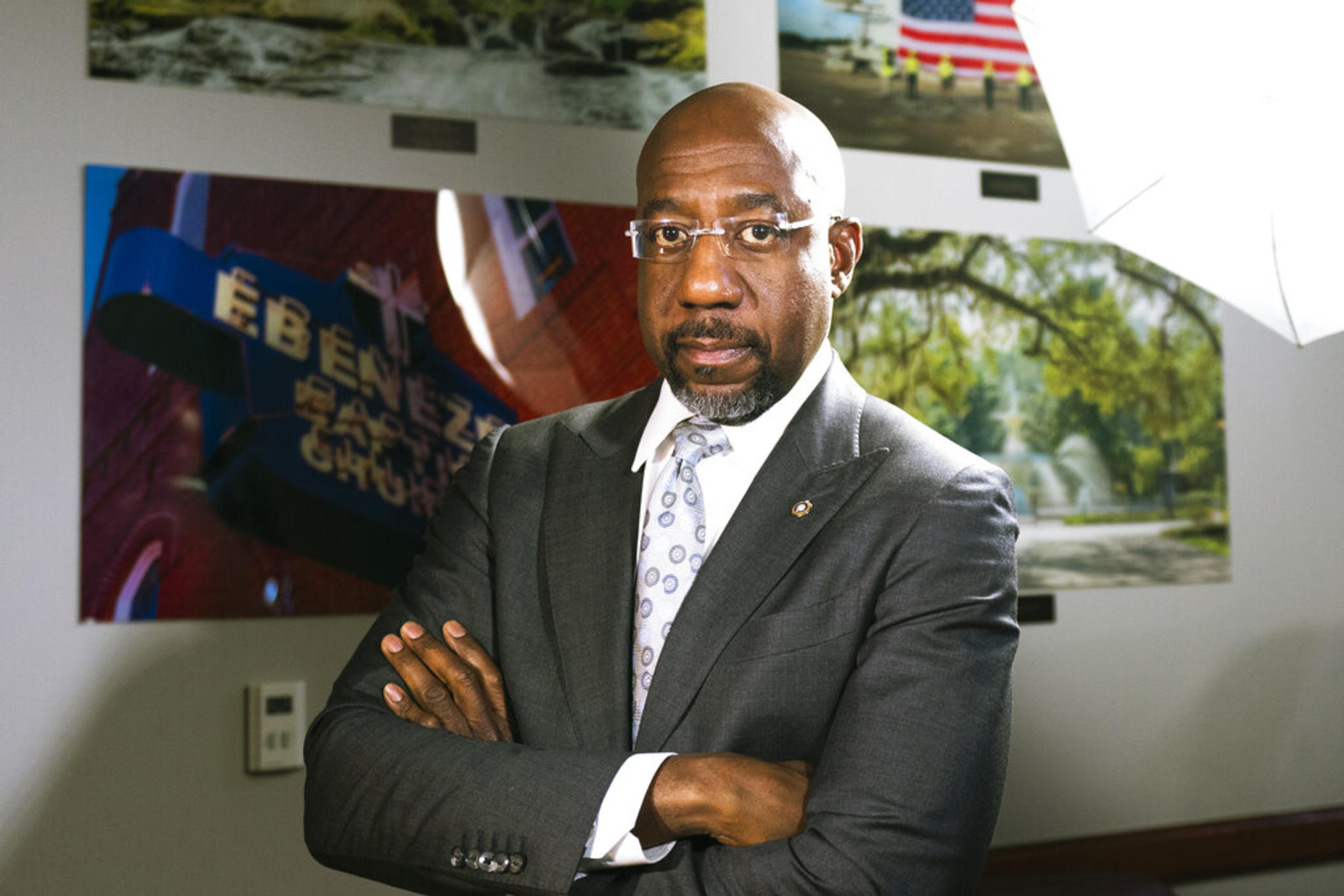 Sen. Raphael Warnock, D-Ga., poses for a photo after an interview with The Associated Press on Capitol Hill, Wednesday, Feb. 1, 2023, in Washington.