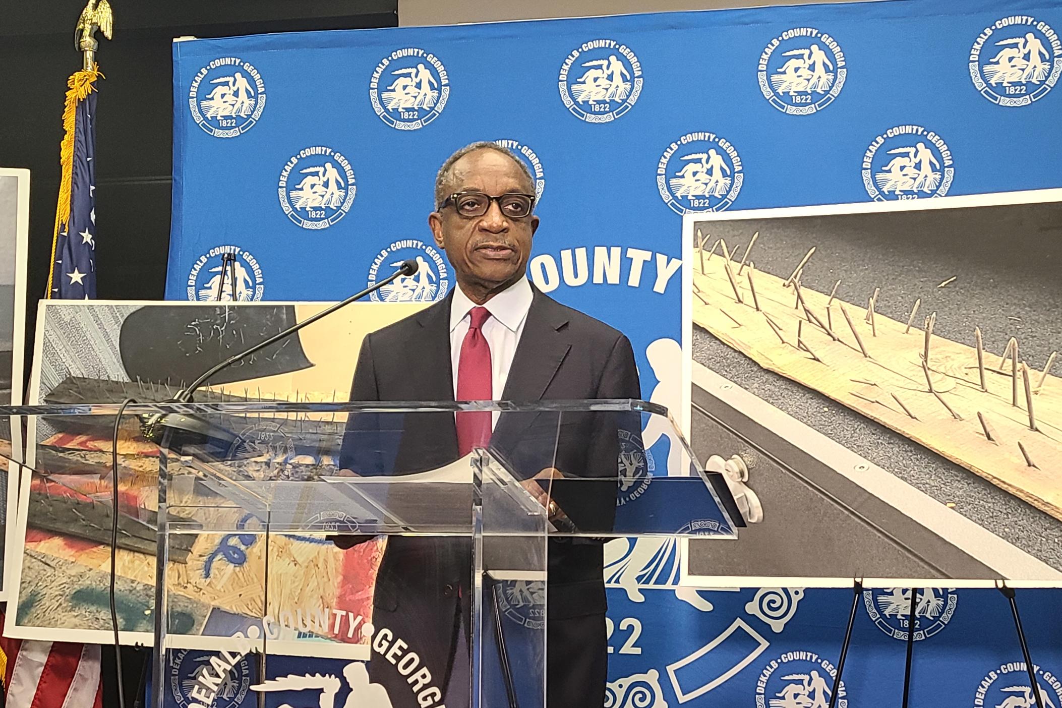 DeKalb CEO Michael Thurmond speaks at a press conference March 24, 2023 announcing an executive order closing Intrenchment Creek Park and nearby areas until further notice.