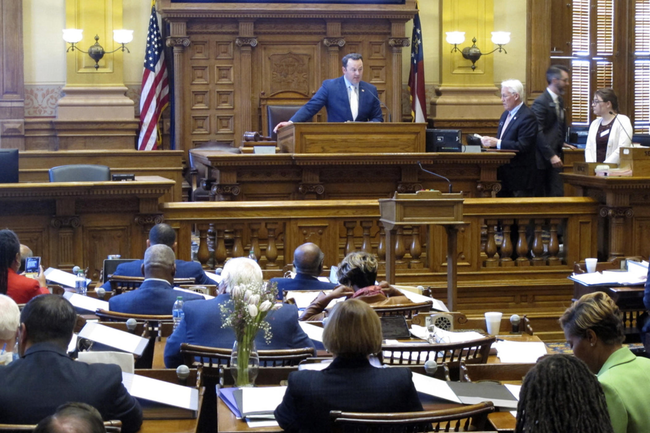 The Georgia state Senate meets in Atlanta, Wednesday, March 29, 2023, during the final day of the legislature's 40-day session. Lawmakers faced final votes on a state budget and sought to reach agreement on a plan to improve mental-health care. 