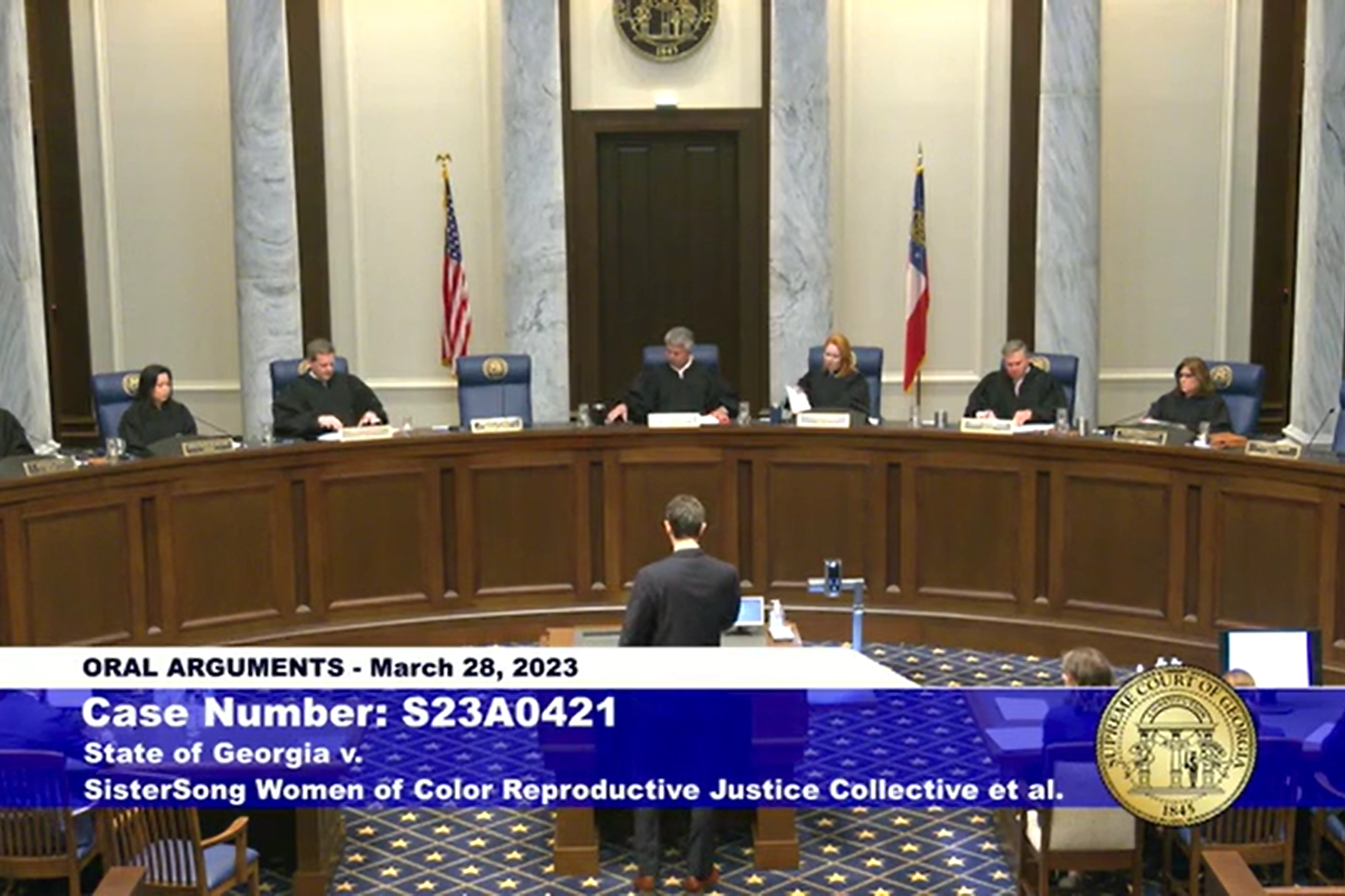 screenshot of the GA Supreme Court hearing arguments on abortion ban
