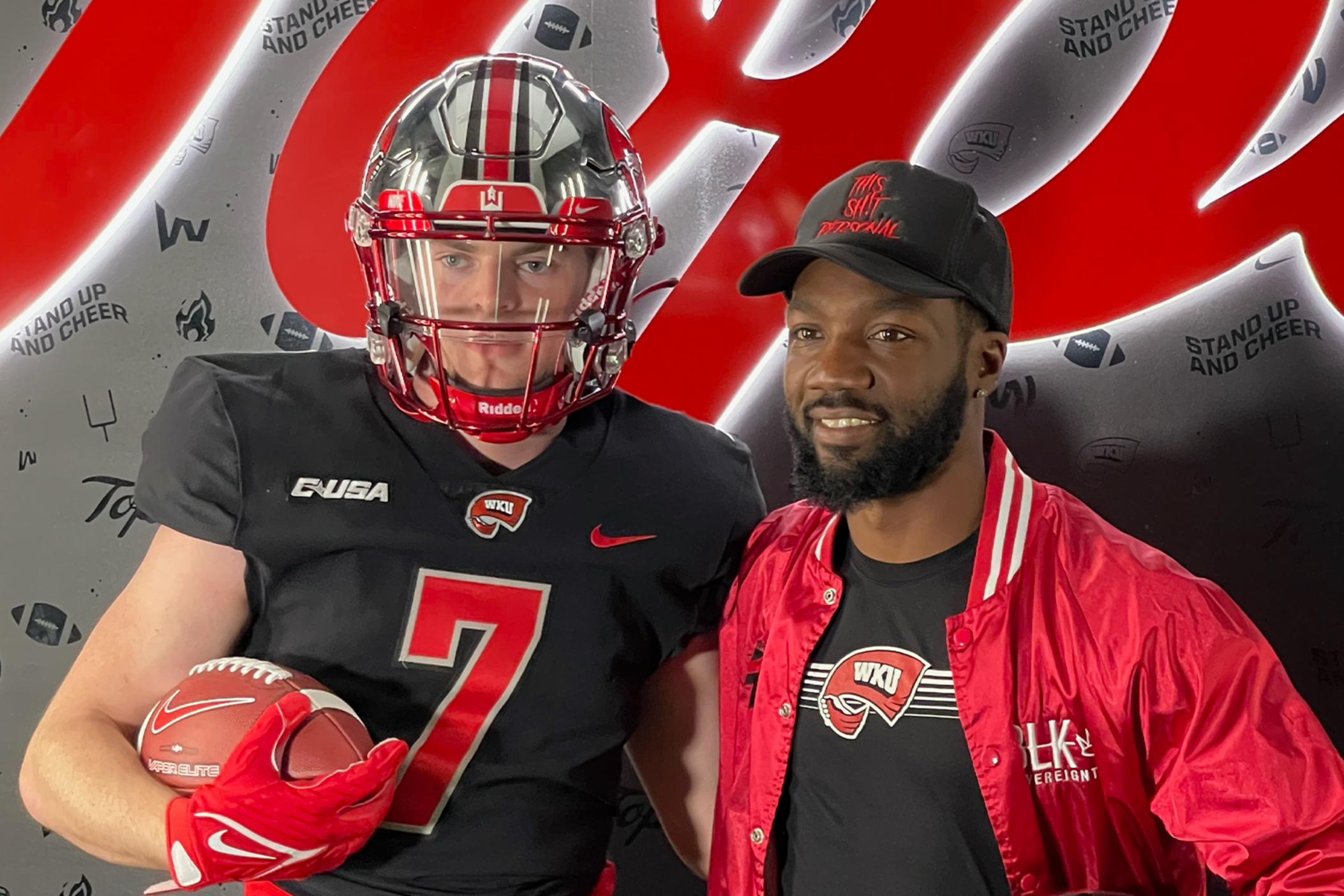 Kyle Vaka alongside Kell High School wide receivers coach Steph Brown visiting Western Kentucky University in April. Brown is a former Hilltoppers wide receiver. 