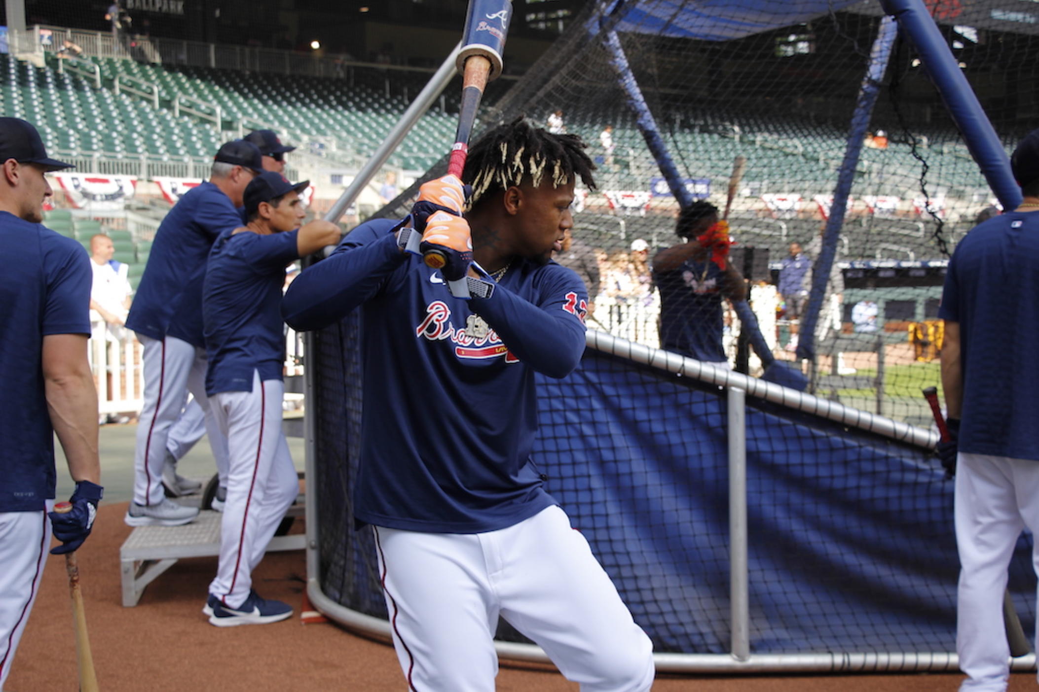 The temperature inside Truist Park is 84 degrees as Ronald Acuña, Jr. warms up before the Atlanta Braves home opener on the afternoon of April 6, 2023. The average high temperature for April in Atlanta normally ranges from  69 to 74 degrees. 