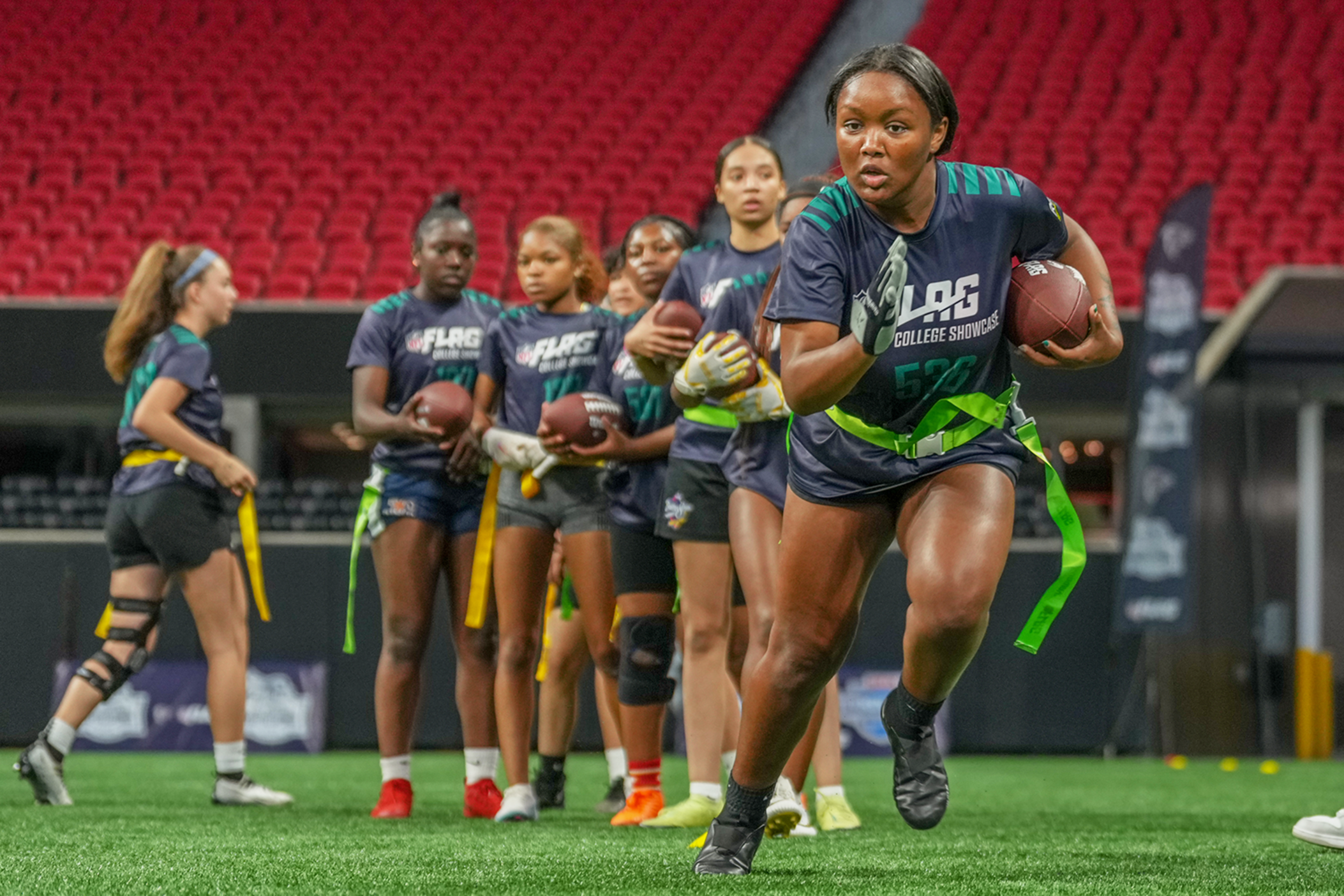 The Atlanta Falcons hosted the third-annual High School Girls Flag Football Showcase at Mercedes-Benz Stadium.