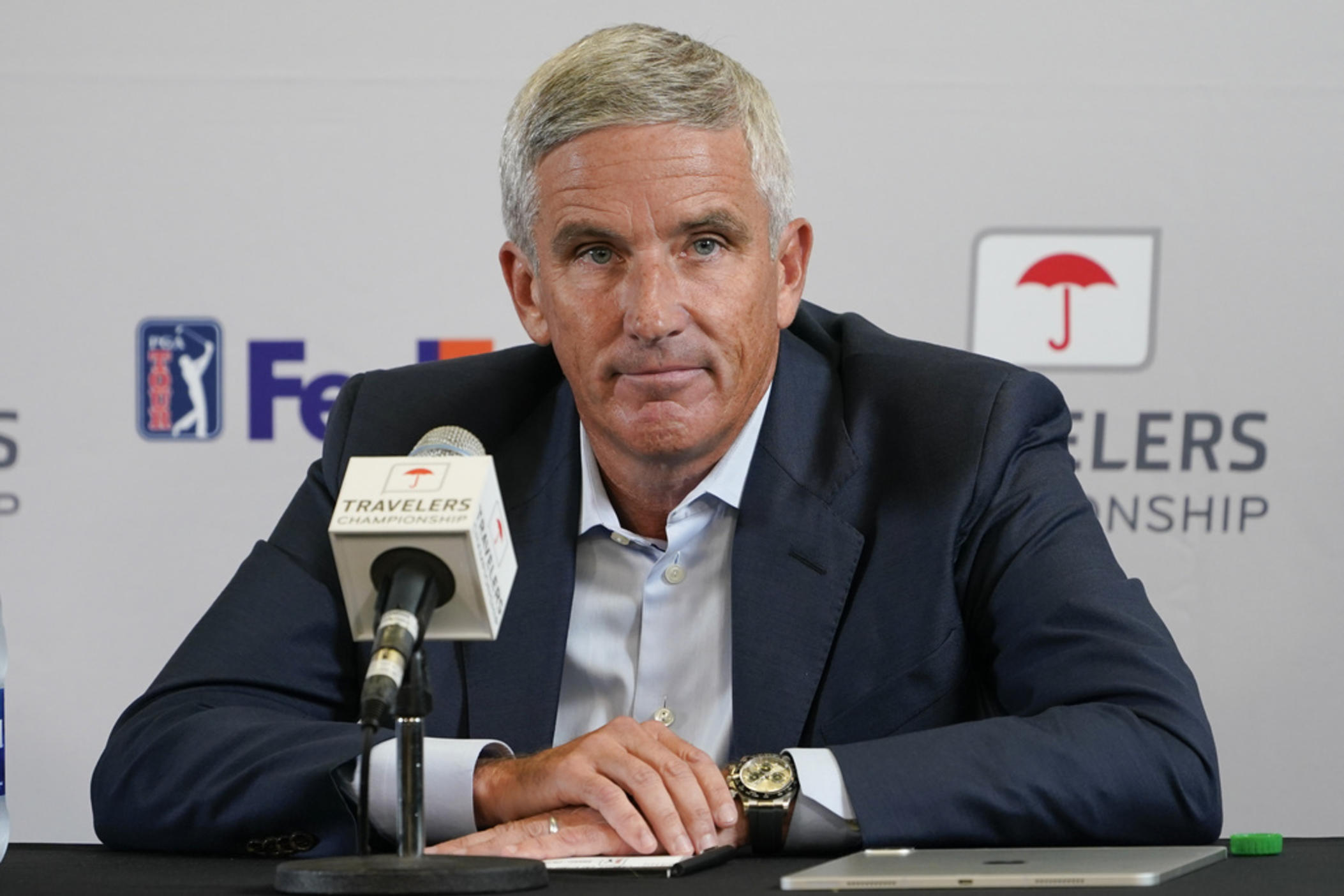 GA Tour Commissioner Jay Monahan speaks during a news conference before the start of the Travelers Championship golf tournament at TPC River Highlands, Wednesday, June 22, 2022, in Cromwell, Conn.