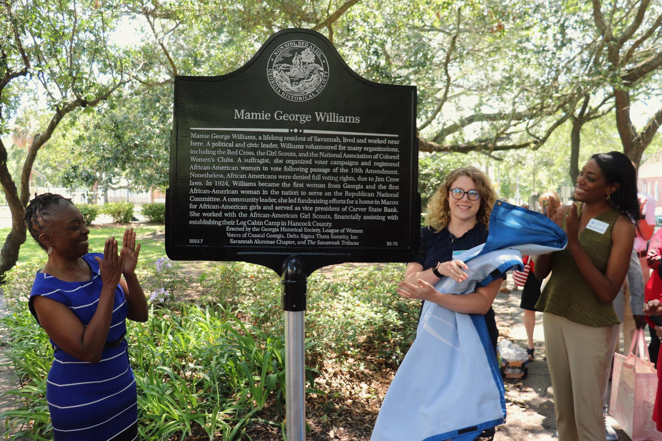 An unveiling ceremony for a new historical marker commemorating civil rights activist Mamie George Williams was held at Dixon Park in Savannah on May 25. Pictured from left to right: historian and author Velma Maia Thomas Fann, Georgia Historical Society marker program coordinator Breana James and League of Women Voters of Coastal Georgia president Chassidy Malloy.