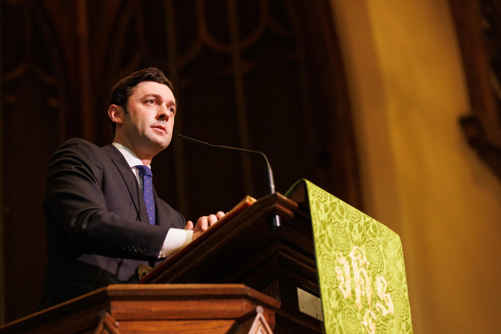 Sen. Jon Ossoff speaks out against the recent antisemitic protest and demonstrations at a rally in Macon on Sunday. 