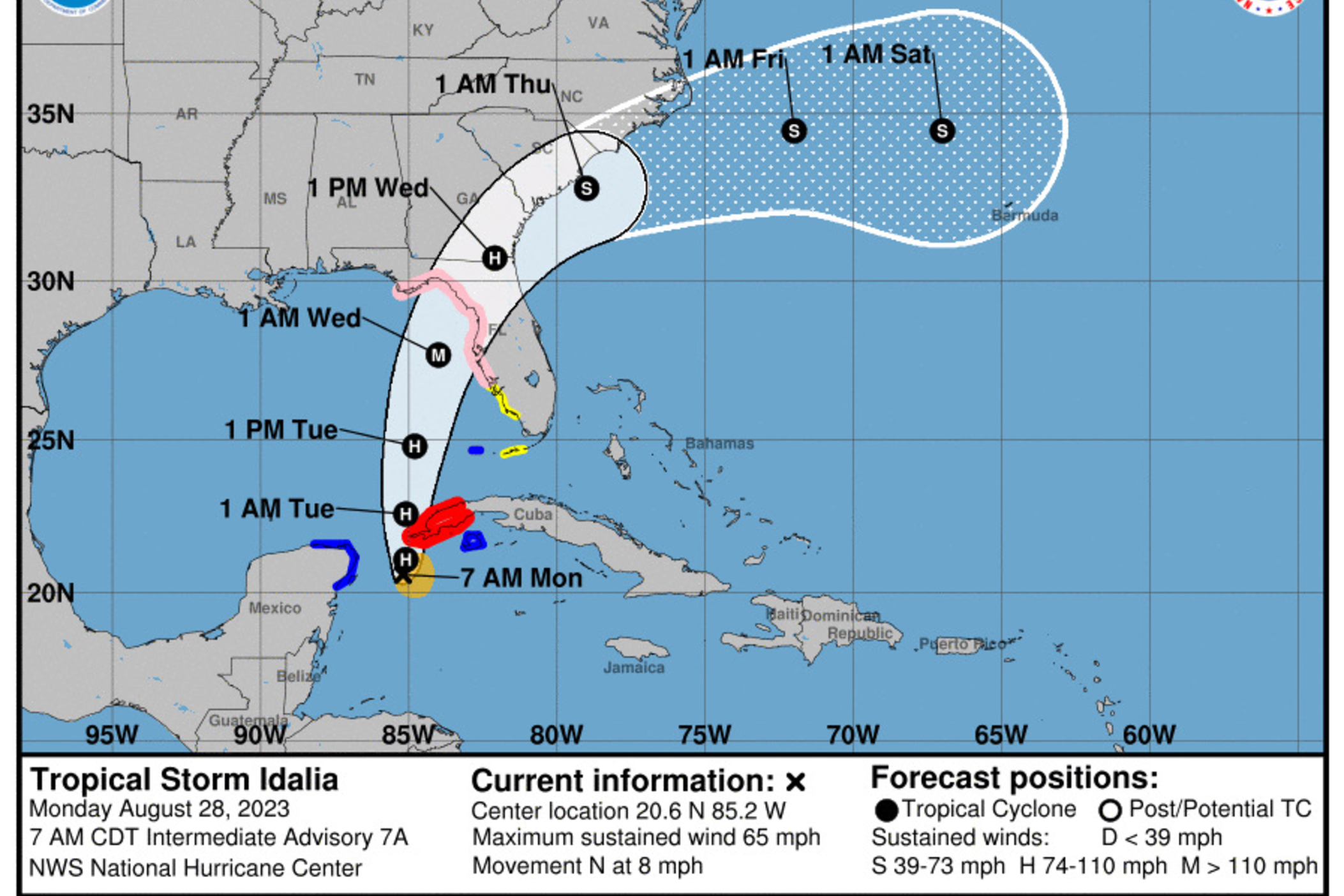 Tropical Storm Idalia is currently forecast to make landfall as a Category 3 hurricane along the Florida Big Bend on the morning of August 30, 2023. Meteorologists expect it will then weaken to a Category 1 hurricane as the center moves into far southeast Georgia later that evening.