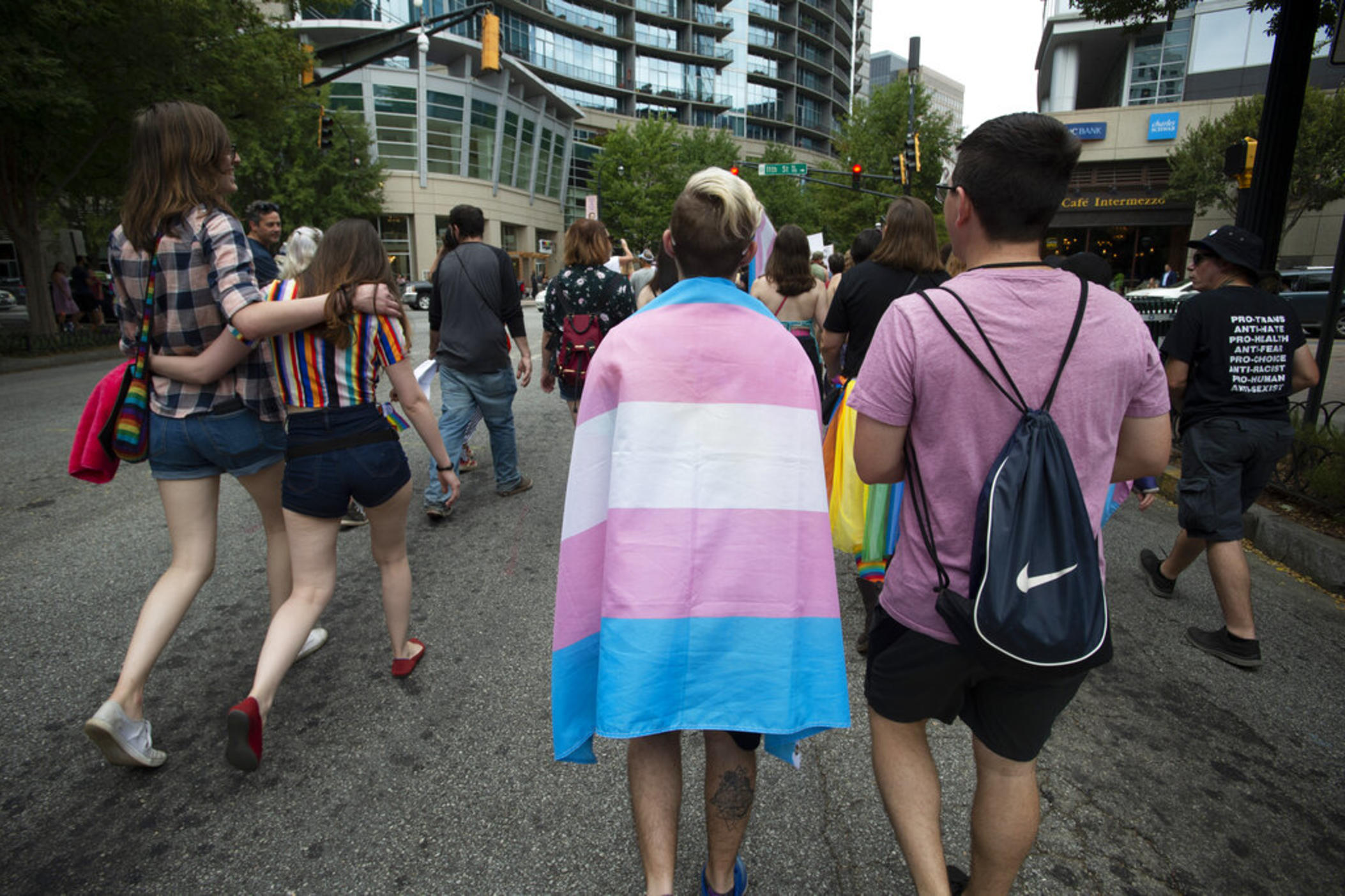 Supporters of Georgia's transgender and non-binary community stroll through the city's Midtown district during Gay Pride Festival's Transgender Rights March in Atlanta on Saturday, Oct. 12, 2019. 