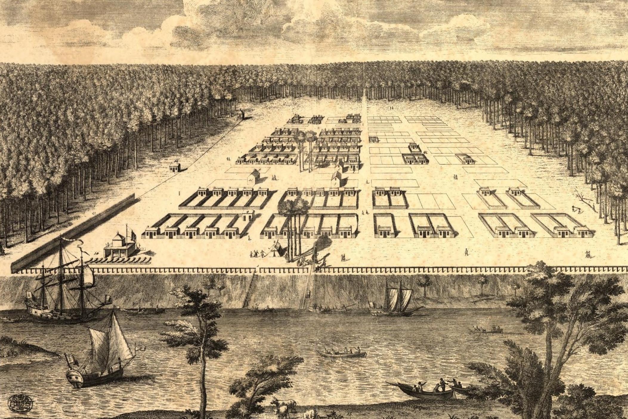 Savannah's historic town squares date back to the city's founding in 1733, when British colonist James Oglethorpe laid out the first four: Johnson, Ellis, Wright (then Perceval) and Telfair (then St. James). This 1734 drawing by draftsman Peter Gordon gives a bird's-eye view of the burgeoning city, looking south from across the Savannah River. The now-nameless square formerly known as Calhoun Square was added in 1851.