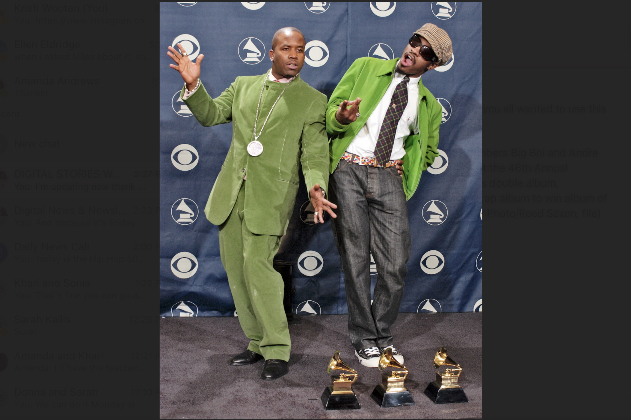 In this Feb. 8, 2004, file photo, OutKast members Big Boi and Andre 3000 pose in front of the three awards they won at the 46th Annual Grammy Awards in Los Angeles. In 2004 OutKast's double album, “Speakerboxxx/The Love Below," was the second rap album to win album of the year.