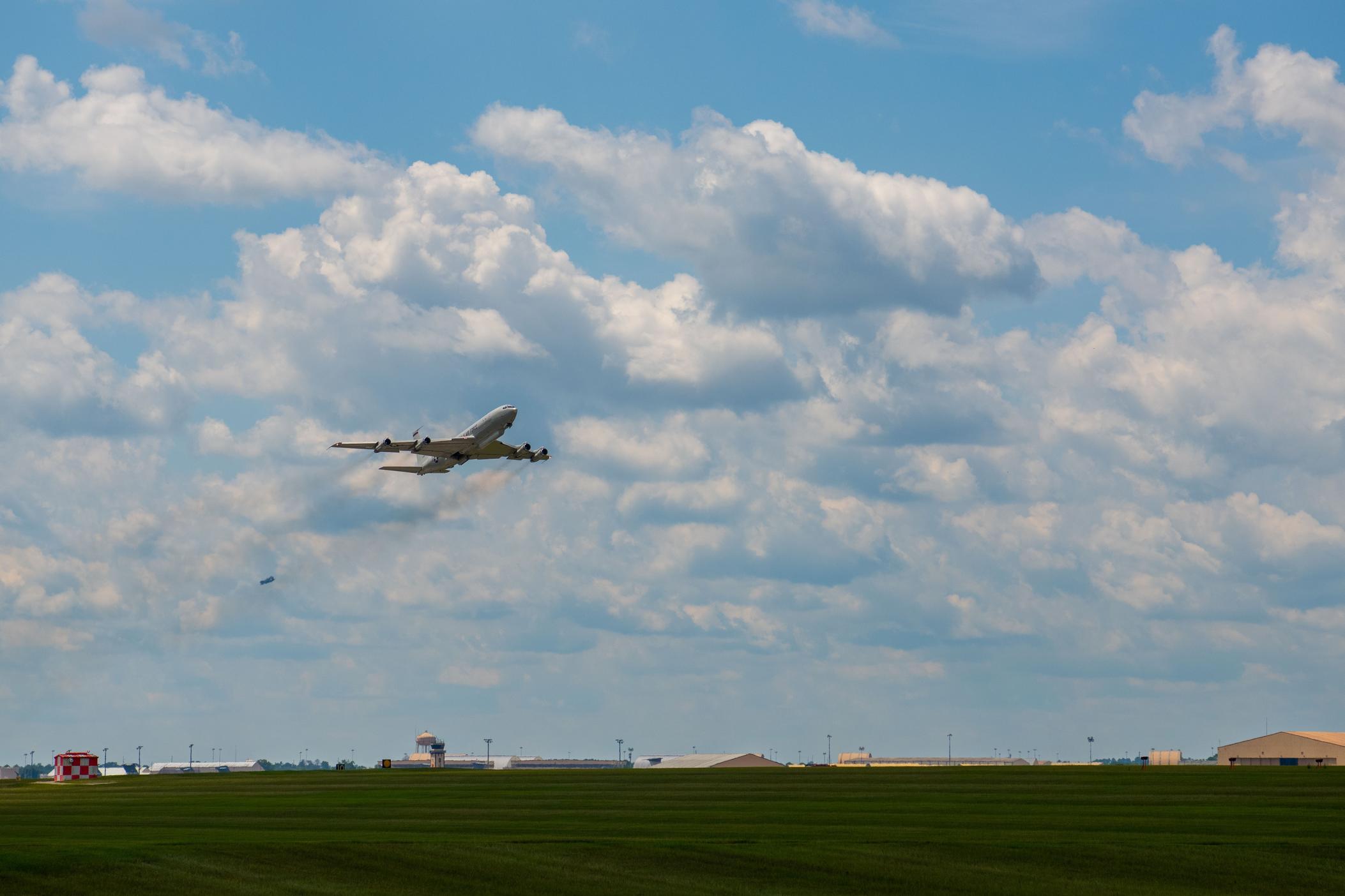 An E-8C Joint STARS takes off from a runway at Robins Air Force Base, Georgia, during the 12th Airborne Command and Control Squadron’s last active-duty mission flight July 12, 2023. 