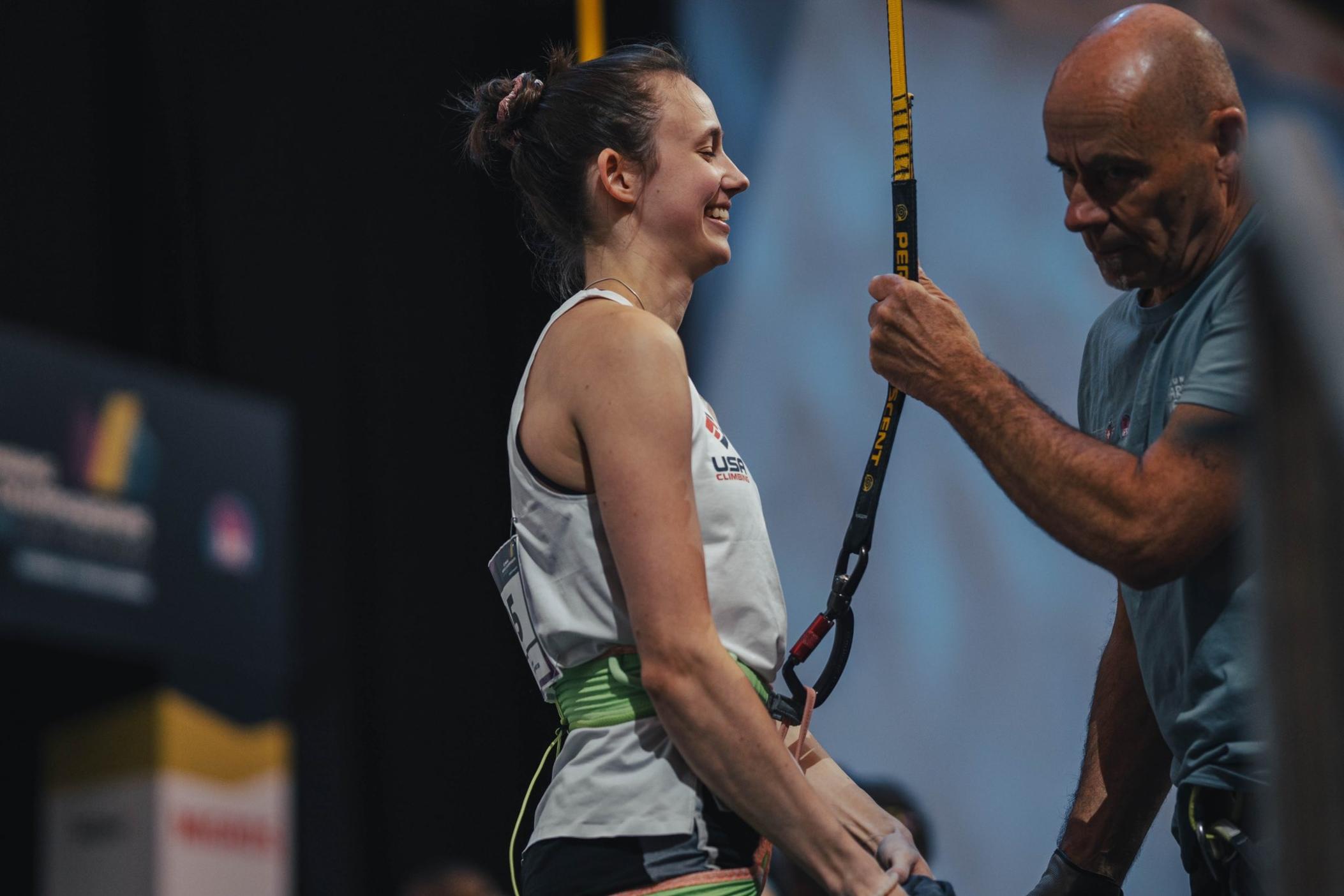 World-class speed climber Emma Hunt at the world championship.