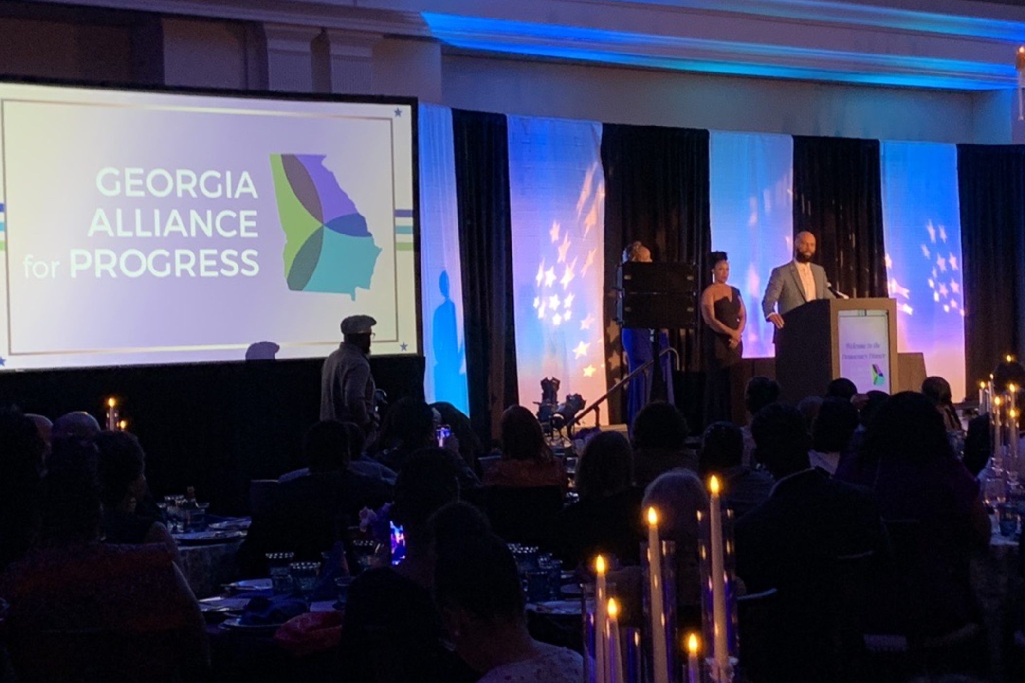 Common speaks at the Georgia Alliance for Progress Democracy Dinner on Oct. 12, 2023