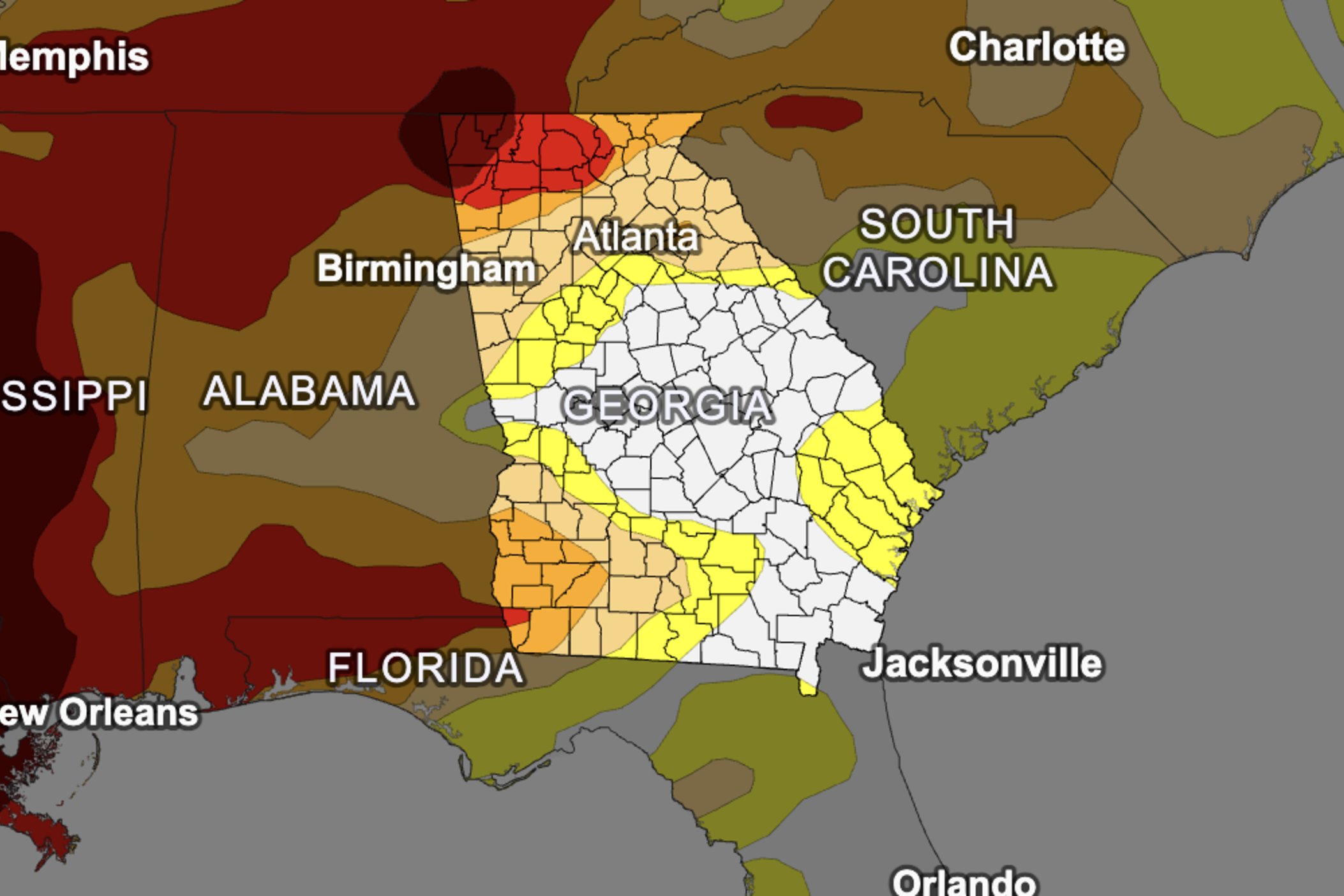 Drought conditions in North and West Georgia are expected to continue through November, 2023, the U.S. Drought Monitor indicated.