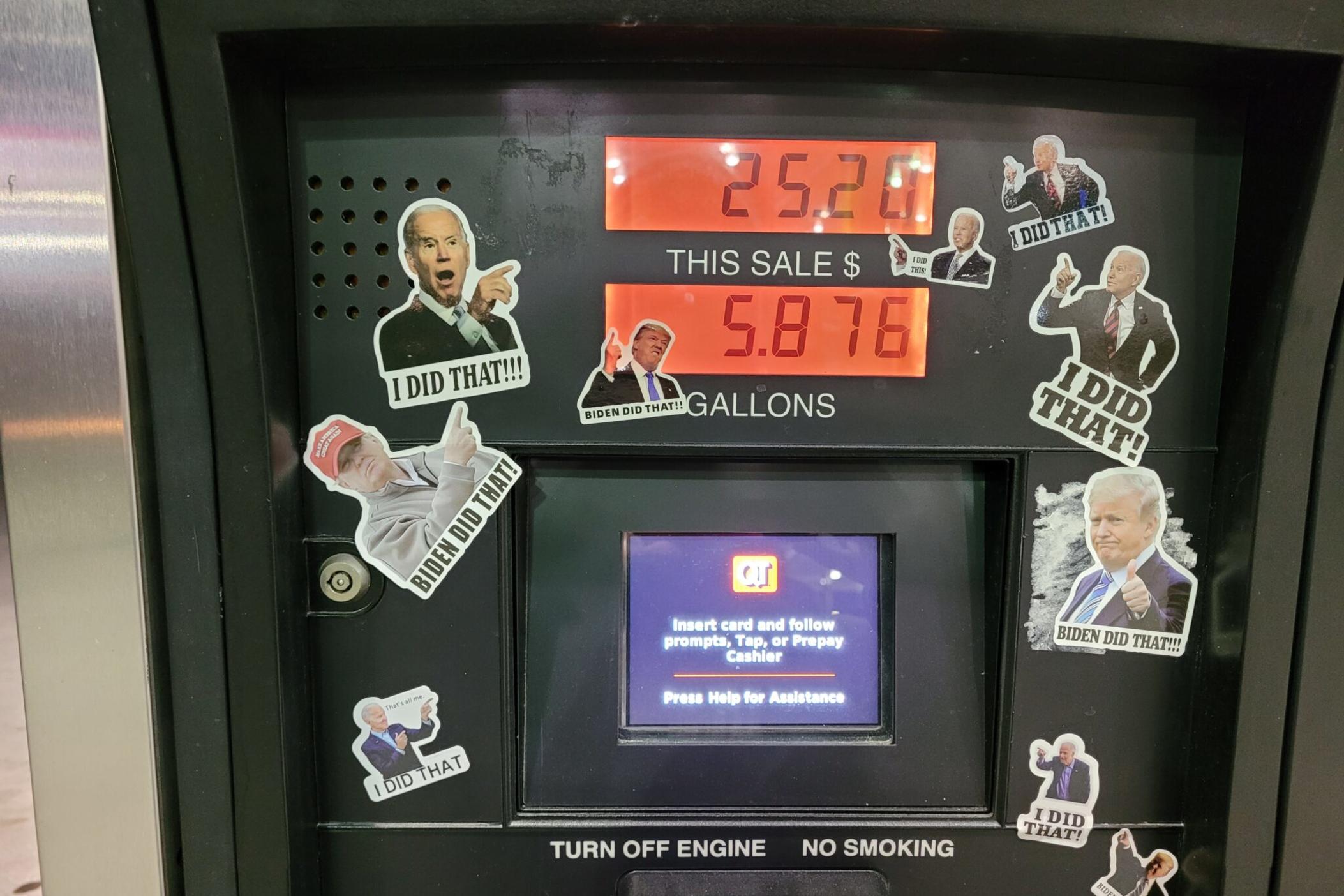 In March 2022. Anti-Biden stickers adorned a fuel pump in Acworth, Ga.