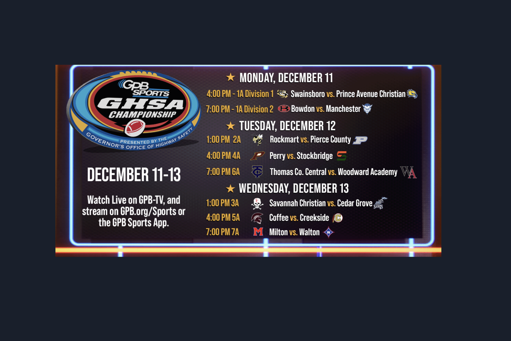 The Georgia High School Association football state championships take place at Atlanta's Mercedes-Benz Stadium Dec. 11 to 13. The games will air on GPB-TV, the GPB Sports app and GPB.org.