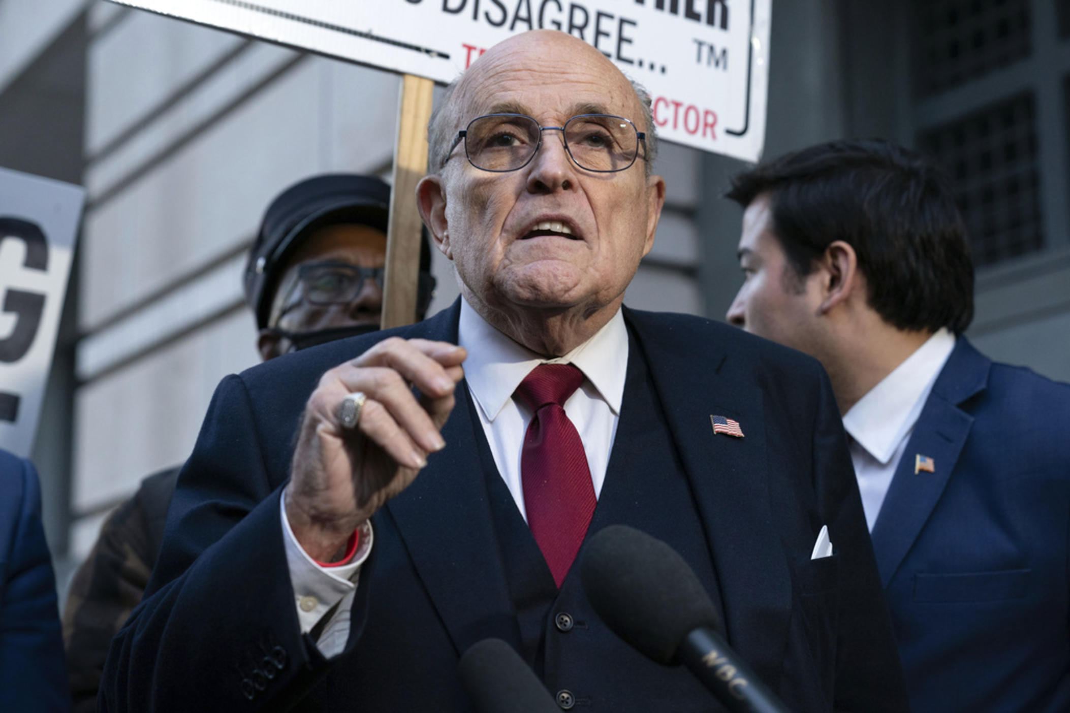 Former Mayor of New York Rudy Giuliani speaks during a news conference outside the federal courthouse in Washington, Friday, Dec. 15, 2023. Giuliani has filed for bankruptcy, days after being ordered to pay $148 million in a defamation lawsuit.