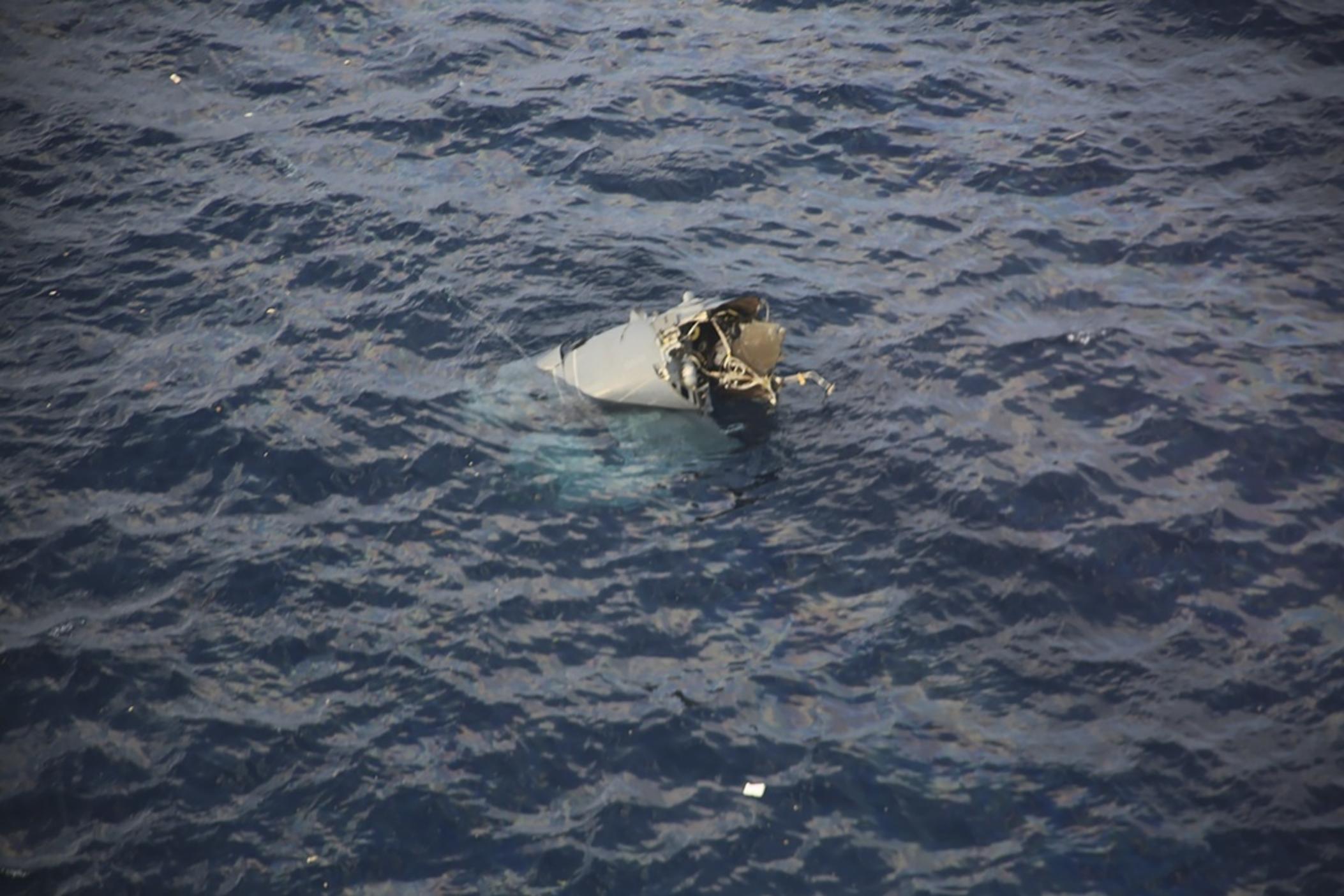  In this photo provided by Japan Coast Guard, debris believed to be from a U.S. military Osprey aircraft is seen off the coast of Yakushima Island in Kagoshima Prefecture in Japan Wednesday, Nov. 29, 2023. A crew member who was recovered from the ocean after a U.S. military Osprey aircraft carrying six people crashed Wednesday off southern Japan has been pronounced dead, coast guard officials said.