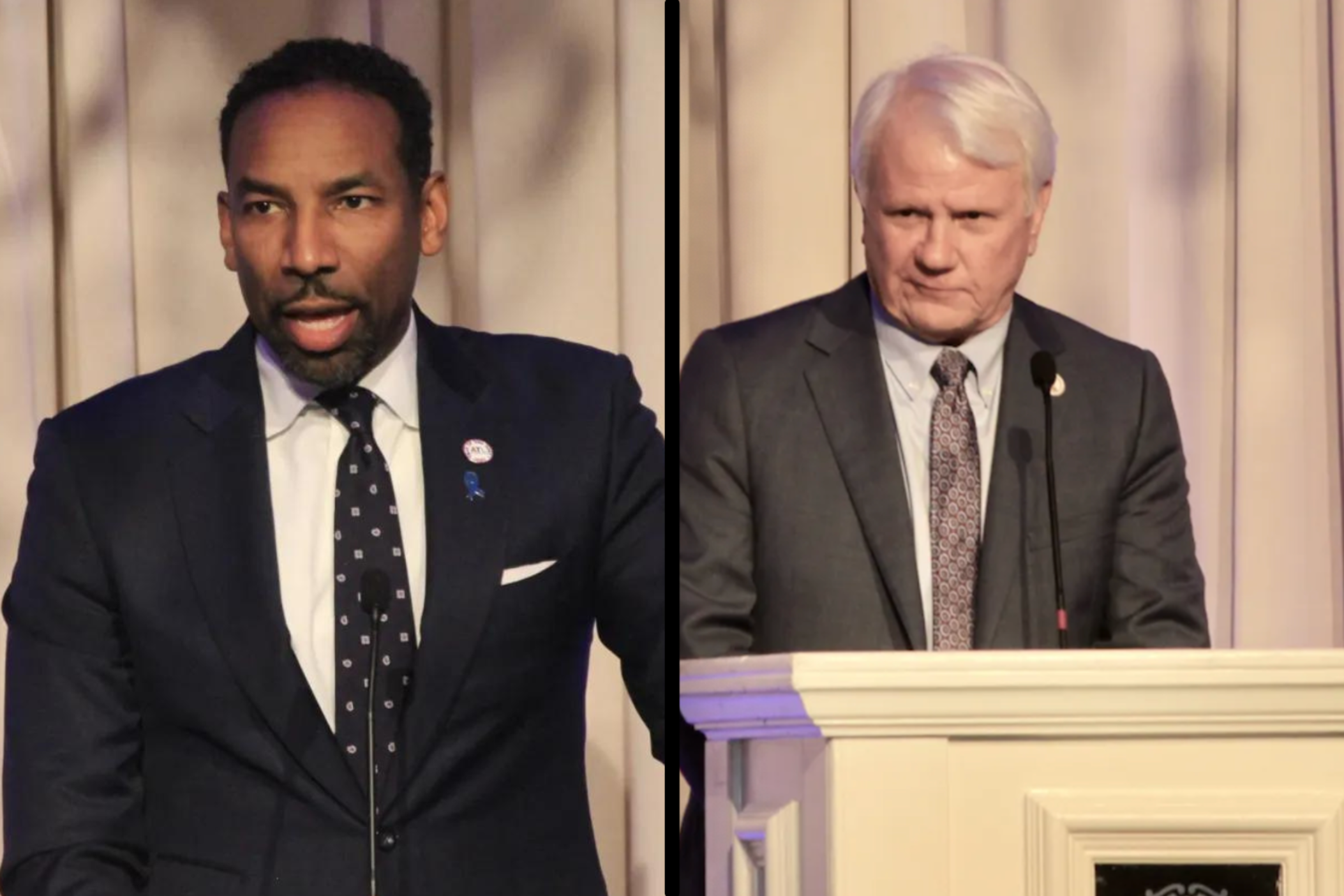 Atlanta Mayor Andre Dickens (left) received a standing ovation after his speech at the Buckhead Coalition’s annual luncheon on Jan. 25. At the event, Georgia House Speaker Jon Burns (right) said at the luncheon that he believed city and state policies and partnerships resulted in a drop in crime in Atlanta and Buckhead during 2023. 
