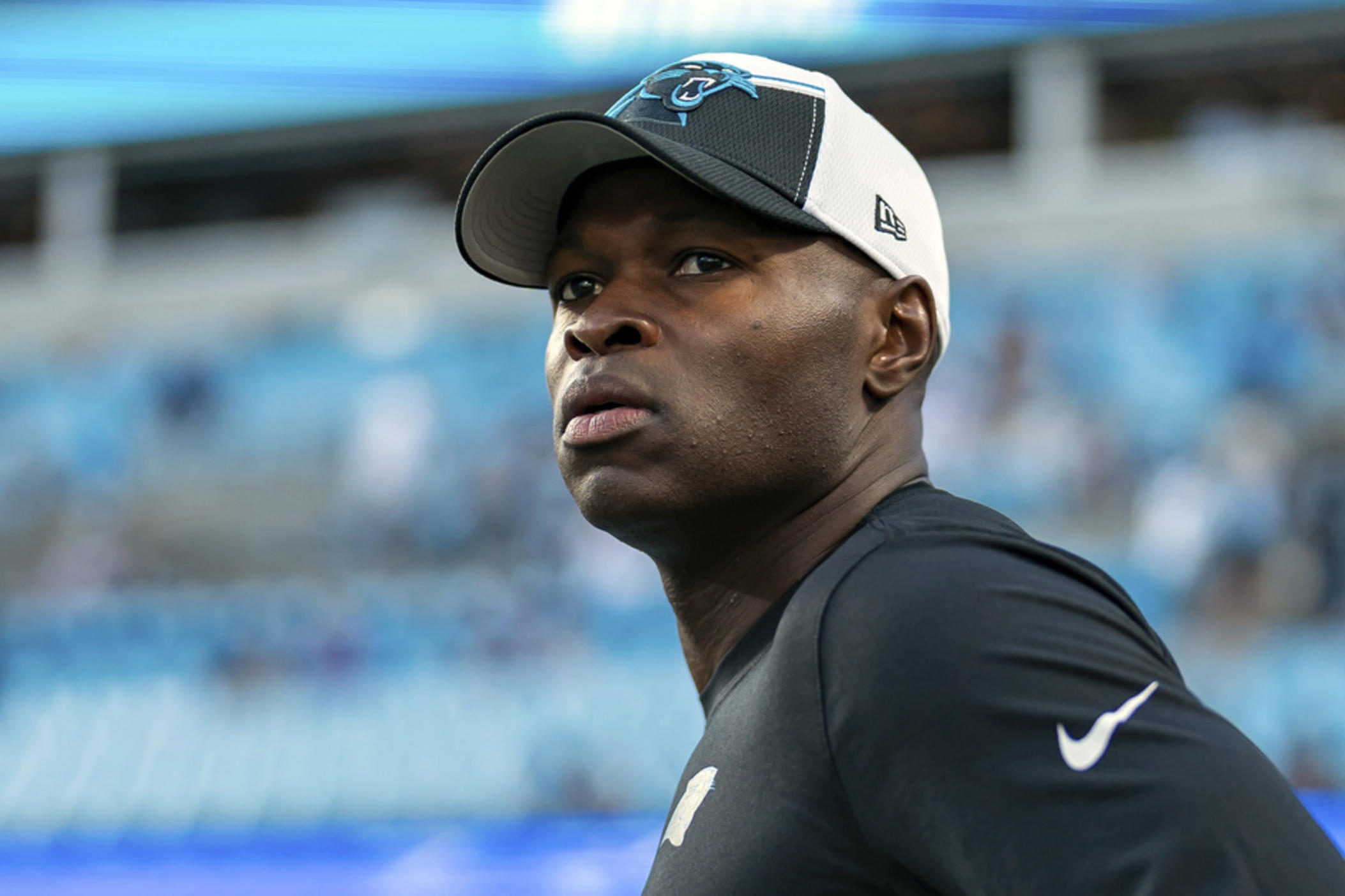 Carolina Panthers defensive coordinator Ejiro Evero looks on before an NFL football game against the New Orleans Saints Monday, Sept. 18, 2023, in Charlotte, N.C. Evero met again with the Atlanta Falcons to discuss their head coaching vacancy, Wednesday, Jan. 24, 2024, joining Rams assistant Raheem Morris and former Patriots coach Bill Belichick in receiving second interviews.
