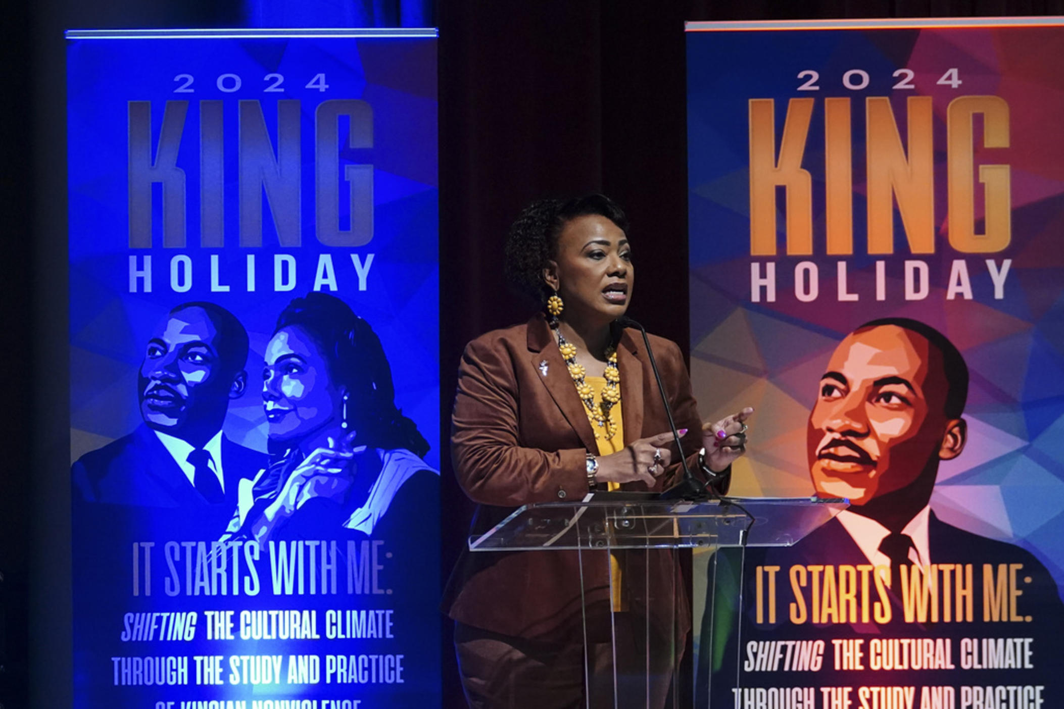 Bernice King, daughter of Martin Luther King Jr., speaks during a news conference at the King Jr Center Thursday, Jan. 4, 2024, in Atlanta.
