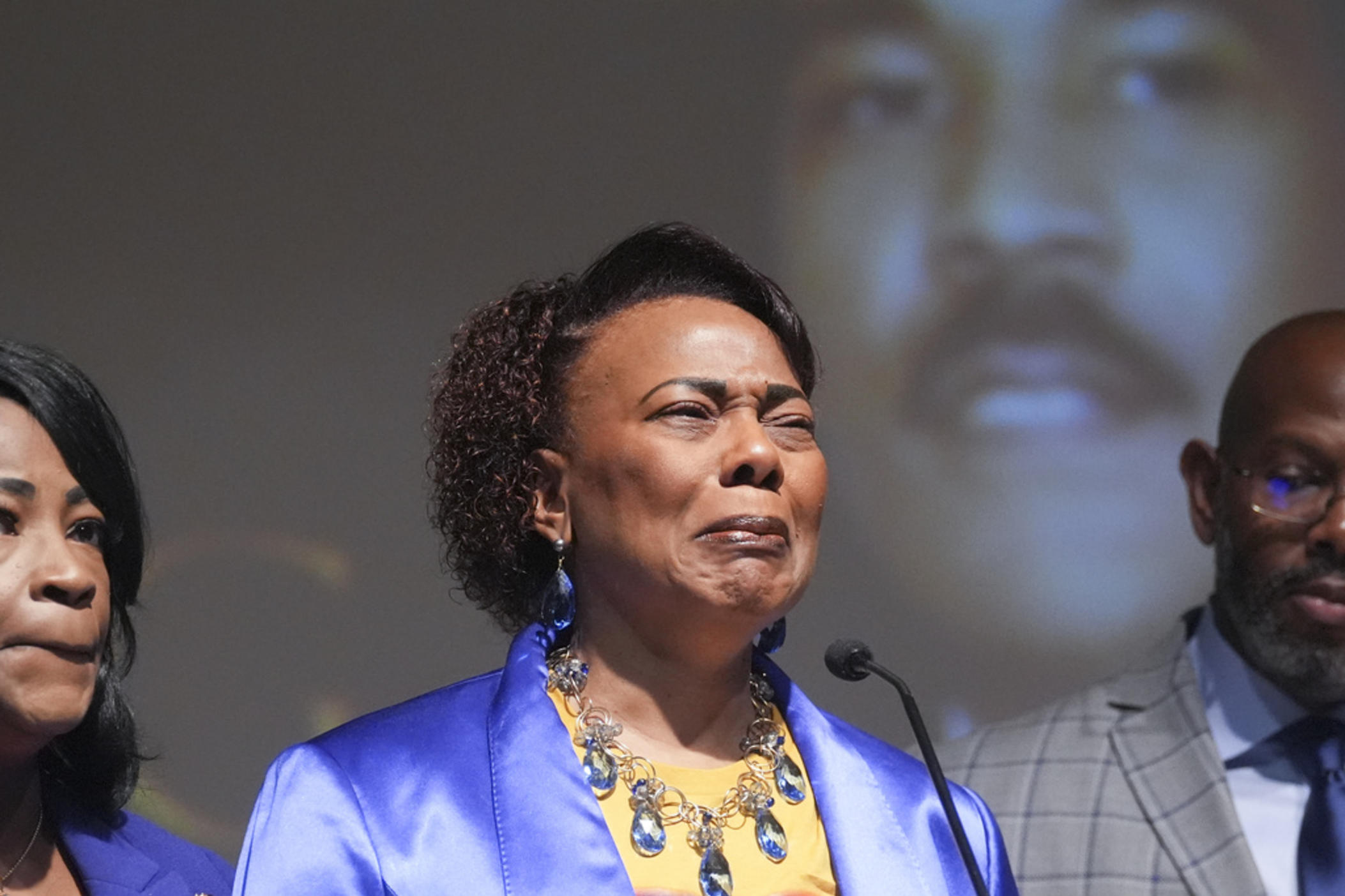 Bernice King, daughter of slain civil-right leader Martin Luther King Jr., becomes emotional as she speaks about her brother Dexter Scott King during a news conference Tuesday, Jan. 23, 2024, in Atlanta. Dexter died Monday, Jan. 22, 2024 at his California home after battling prostate cancer. 