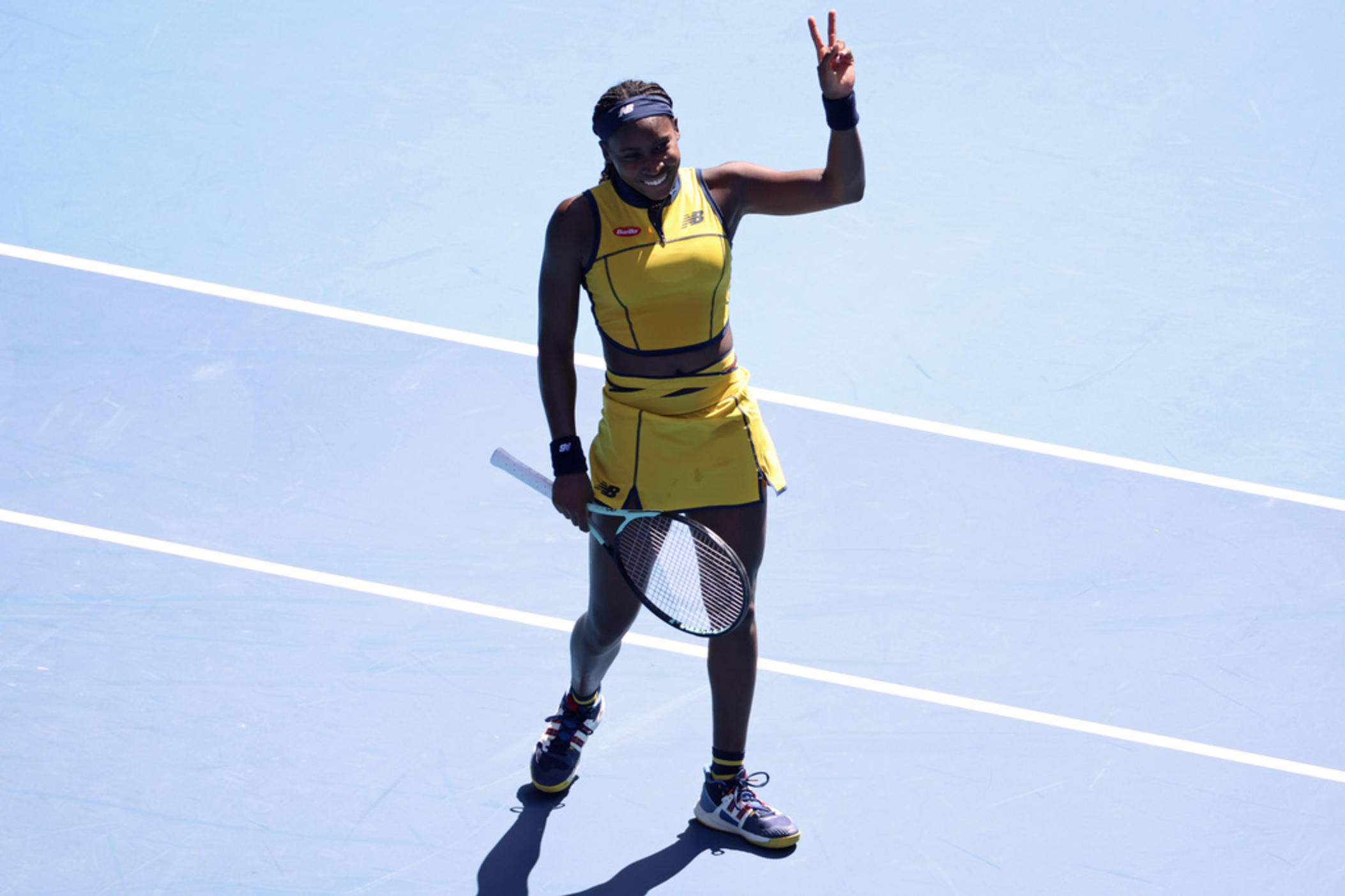 Coco Gauff of the U.S. celebrates after defeating Marta Kostyuk of Ukraine in their quarterfinal match at the Australian Open tennis championships at Melbourne Park, Melbourne, Australia, Tuesday, Jan. 23, 2024. 