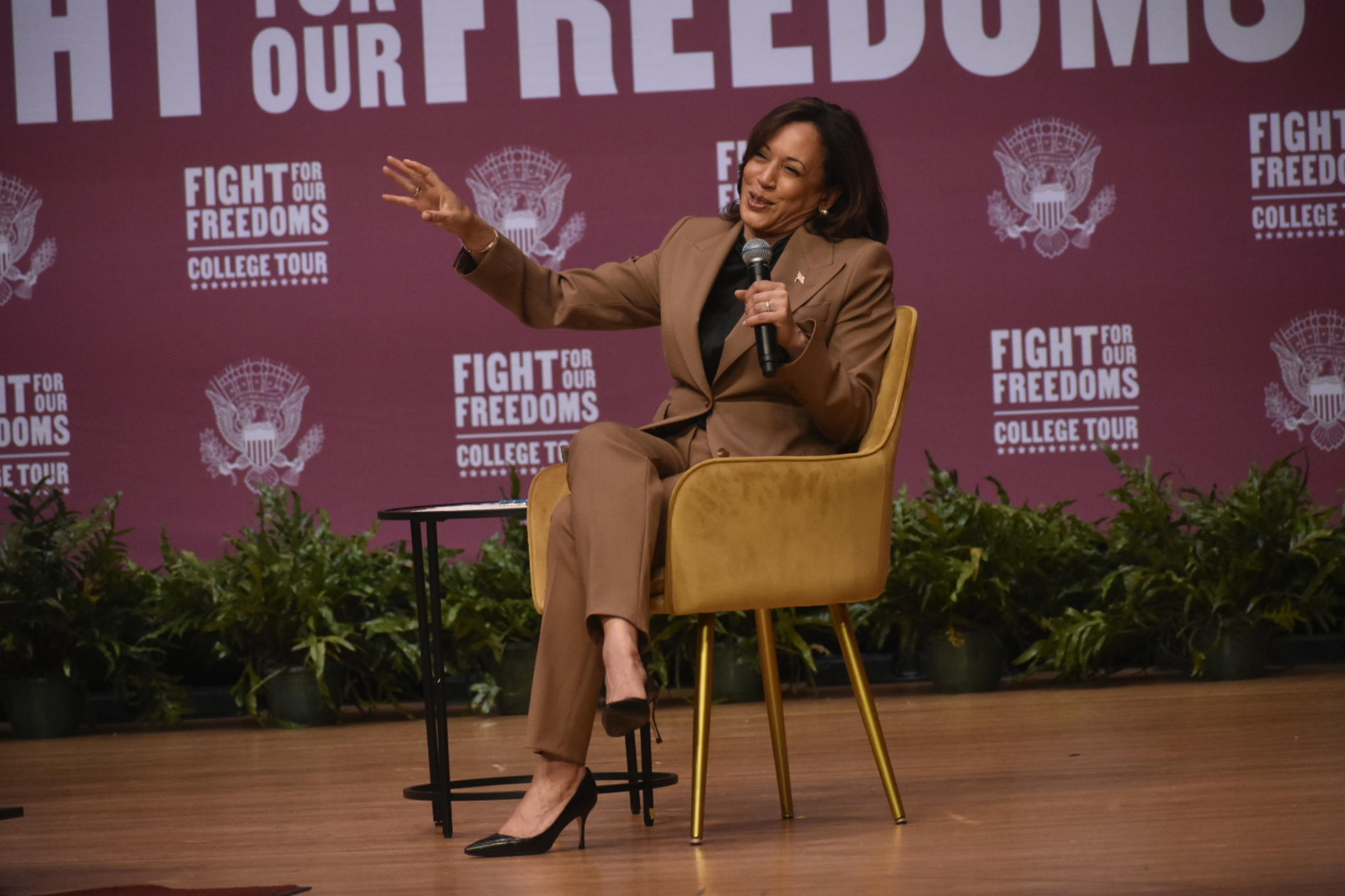  Vice President Kamala Harris speaks to a crowd of students at Morehouse College in 2023. 