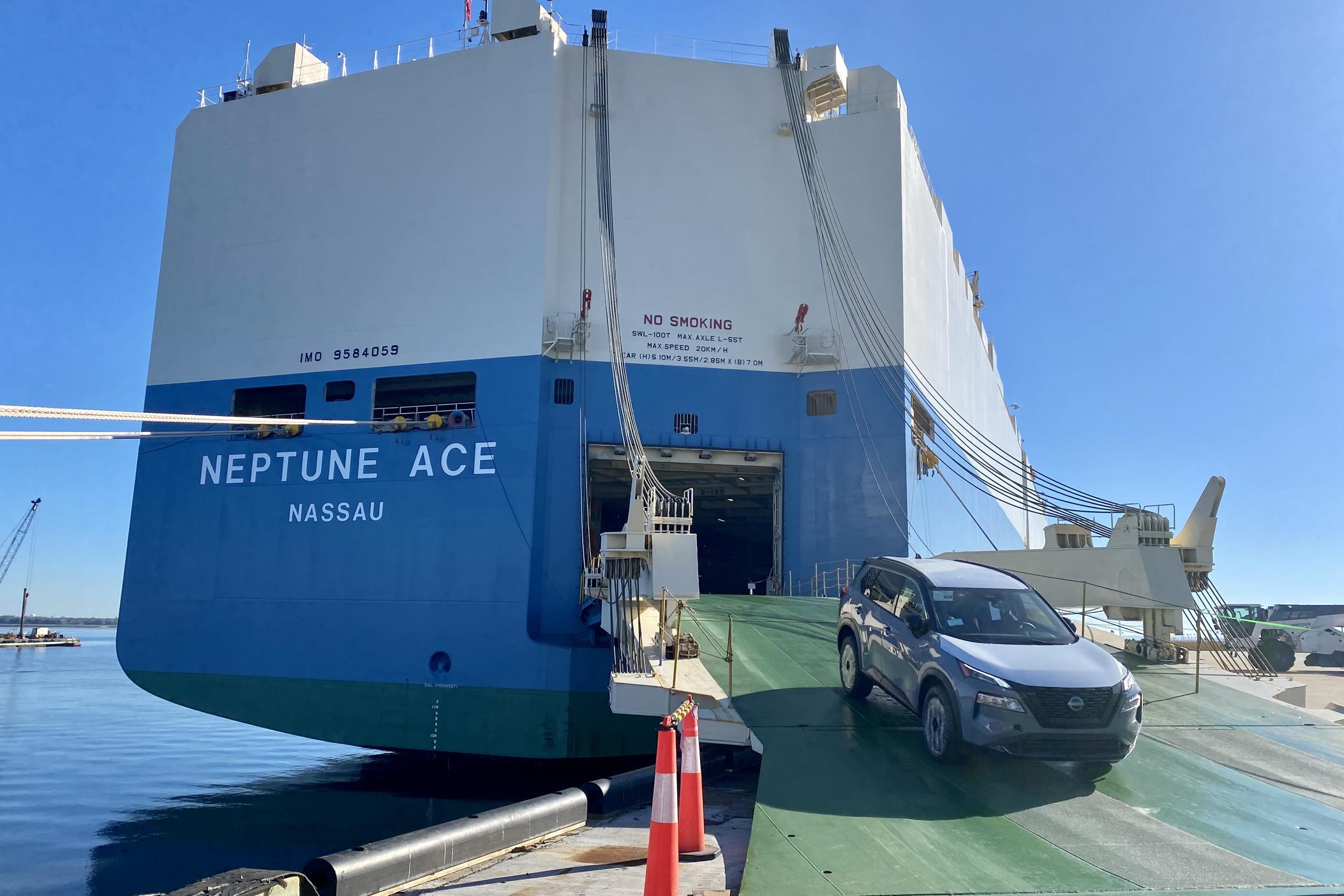 A Nissan Rogue exits the bay of the vehicle carrier Neptune Ace at the Port of Brunswick in Georgia.