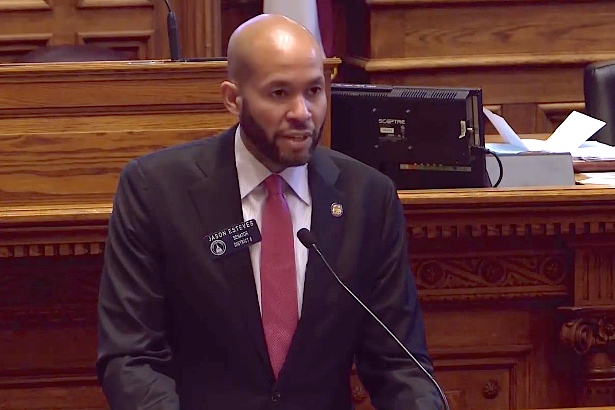 On Jan. 24, 2024, state Sen. Jason Esteves (D-District 6) speaks about his concerns surrounding SB 338, a proposal for new Cobb County School District maps which Democrats say could disenfranchise Black and Hispanic voters.