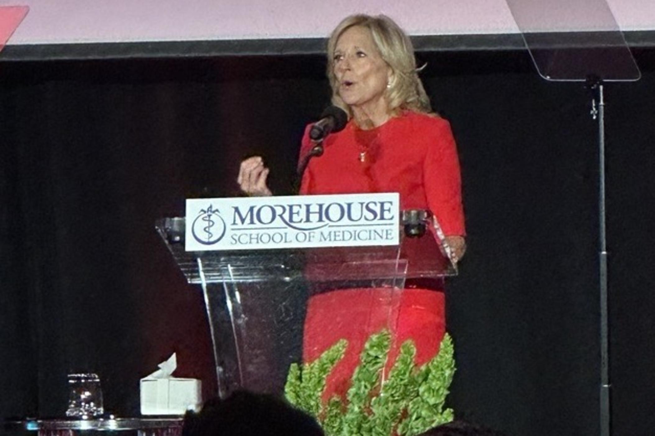 First lady Dr. Jill Biden speaks at the Georgia Aquarium on Feb. 7, 2024 for the annual Morehouse School of Medicine Women with Heart luncheon.