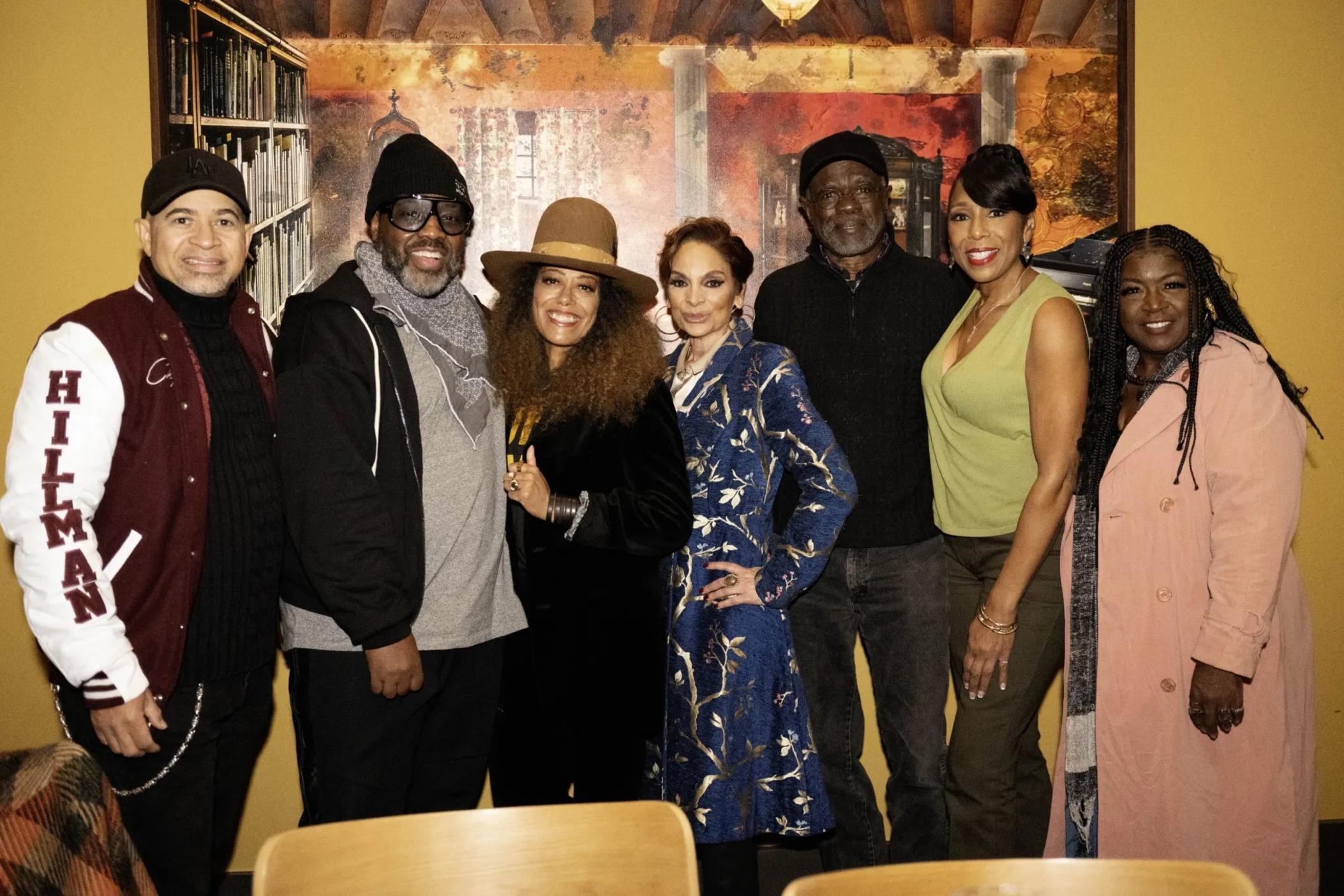 From left: actors Darryl M. Bell, Kadeem Hardison, Cree Summer, Jasmine Guy,  Glynn Turman, Dawnn Lewis and Charnele Brown visited a restaurant in Atlanta's Old Fourth Ward for a tip-off dinner ahead of their national HBCU tour in honor of the iconic NBC television series, “A Different World,” and its impact on generations of Black youth.