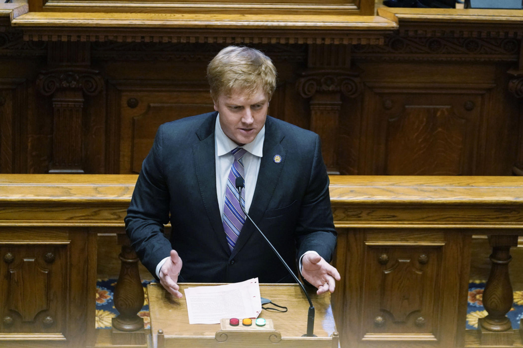 Senate Appropriations Committee Chairman Blake Tillery (R-Vidalia) speaks in the Senate chamber at the State Capitol on March 31, 2021, in Atlanta. Tillery says a Senate budget approved on Tuesday, March 26, 2024 will include pay raises for teachers and state government employees. 