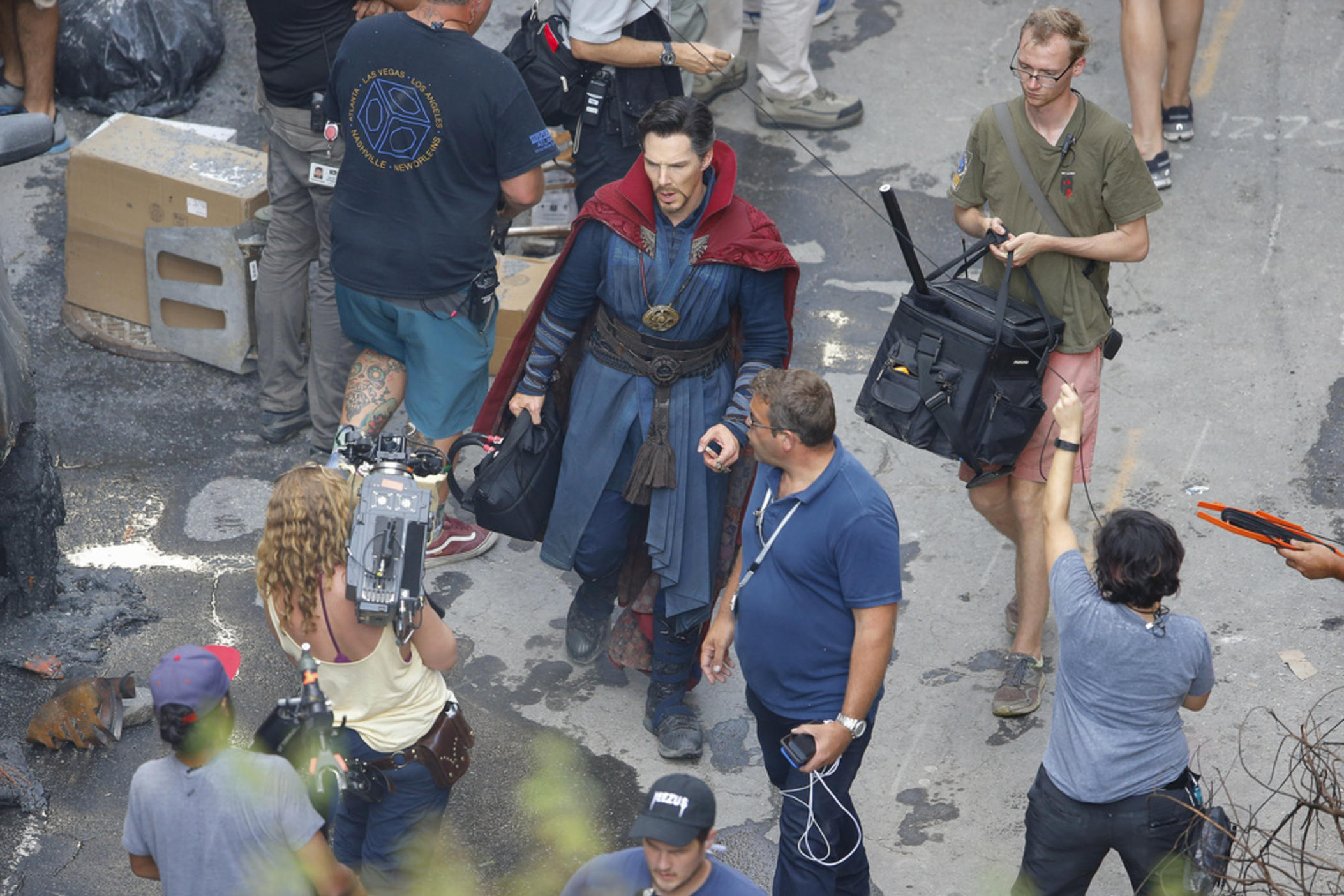 Cast member Benedict Cumberbatch works during the filming of "Avengers: Infinity War", Wednesday, June 28, 2017, in Atlanta.