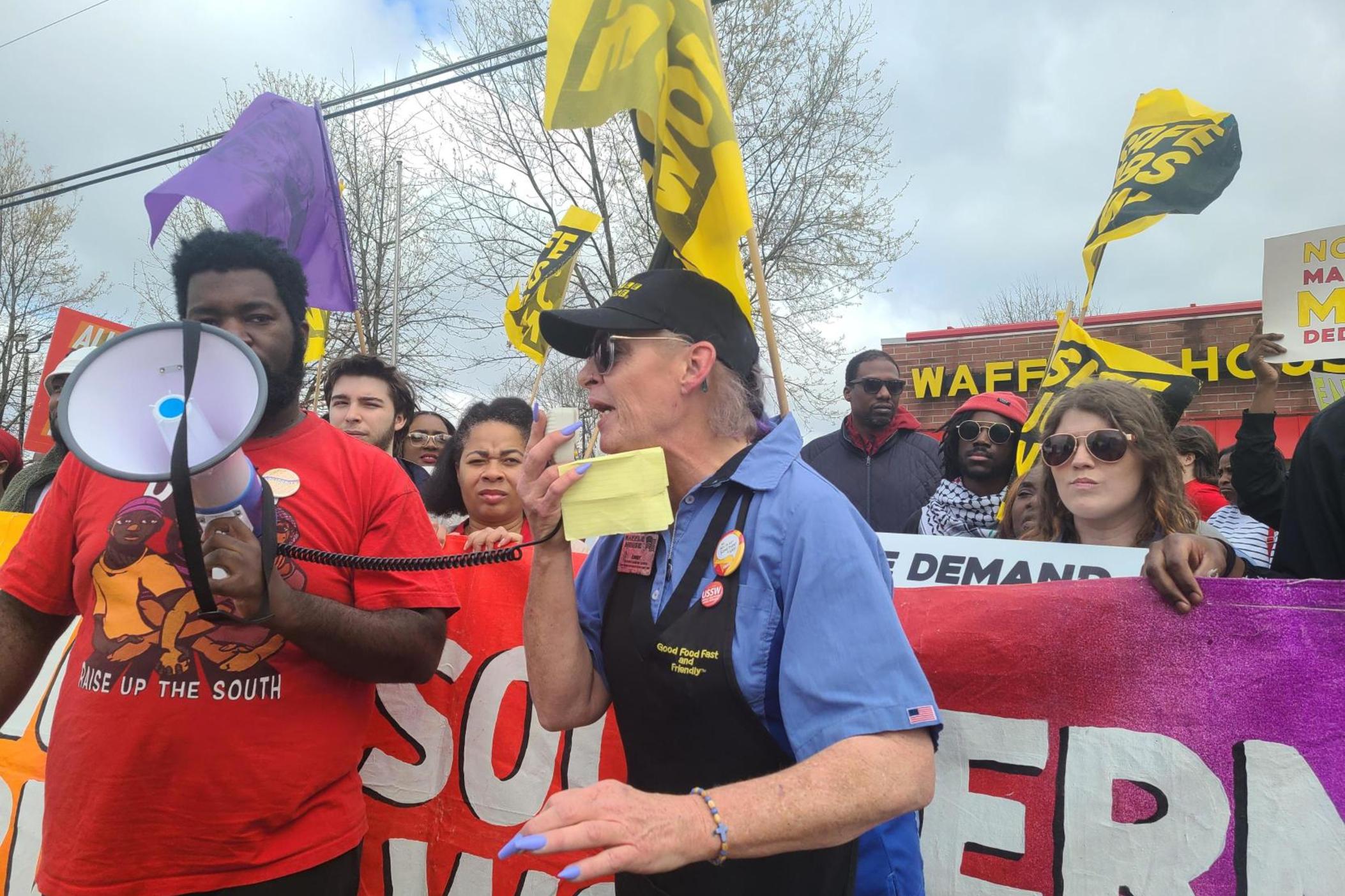 Waffle House worker Cindy Smith speaks with members of the Union of Southern Service Workers and their allies at a rally in Conyers, GA on March 27th, 2024 to demand better working conditions.
