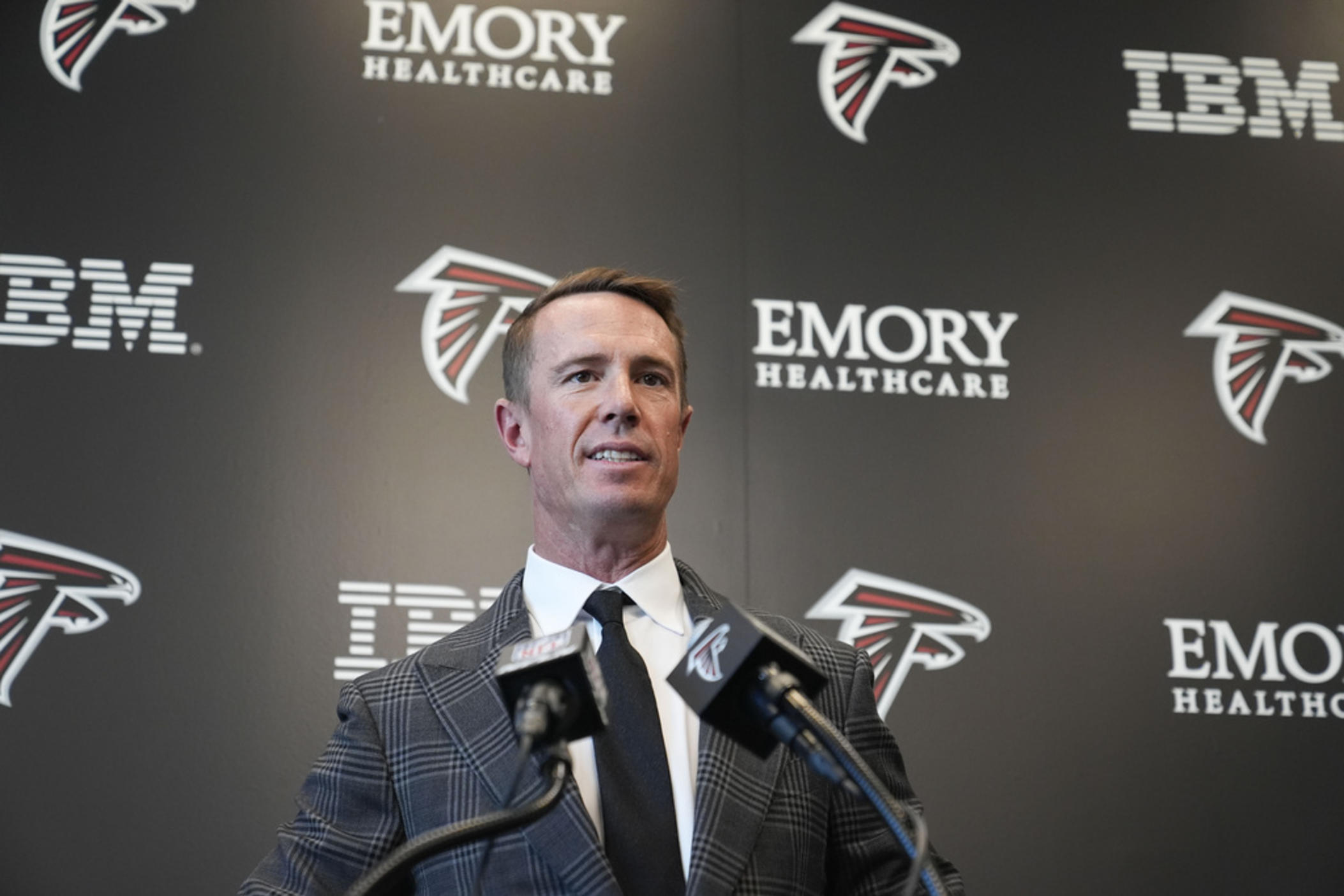 Former Atlanta Falcons' quarterback Matt Ryan announces his retirement during a news conference Monday, April 22, 2024, in Flowery Branch, Ga.