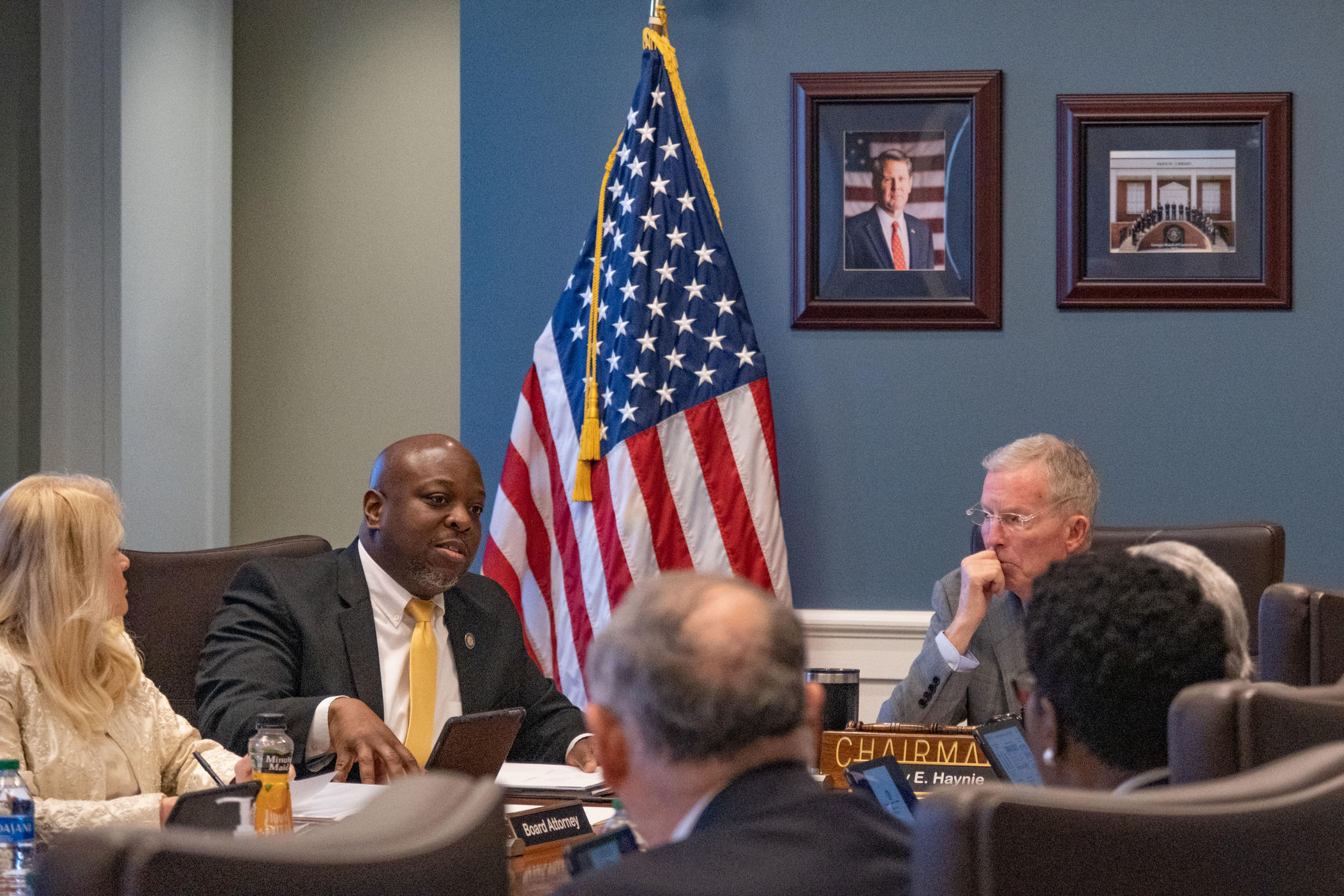 Georgia Department of Corrections Commissioner Tyrone Oliver, second from left, in a March 2023 meeting of the state Board of Corrrections. Oliver is one defendant in the civil case brought by solitary confinement inmates. 