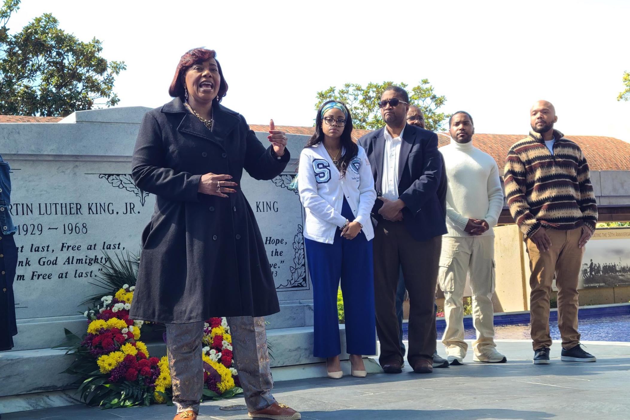 Bernice King, CEO of the King Center, speaks in front of her parents' crypt on April 4, 2024 to mark 56 years since her father was assassinated.