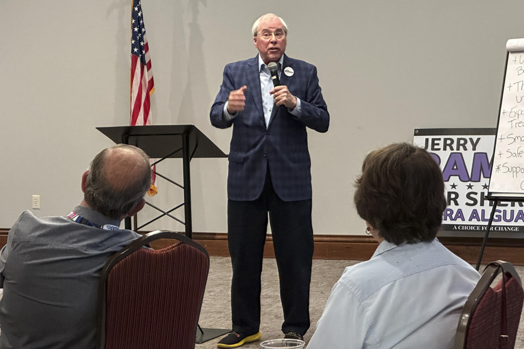 John Barrow speaks to a Democratic group in Hoschton, Ga., on Monday, April 15, 2024, seeking support in his race for the Georgia Supreme Court. Barrow is basing his campaign for the high court around his support for abortion rights as he challenges incumbent Justice Andrew Pinson in a nonpartisan election in May. 