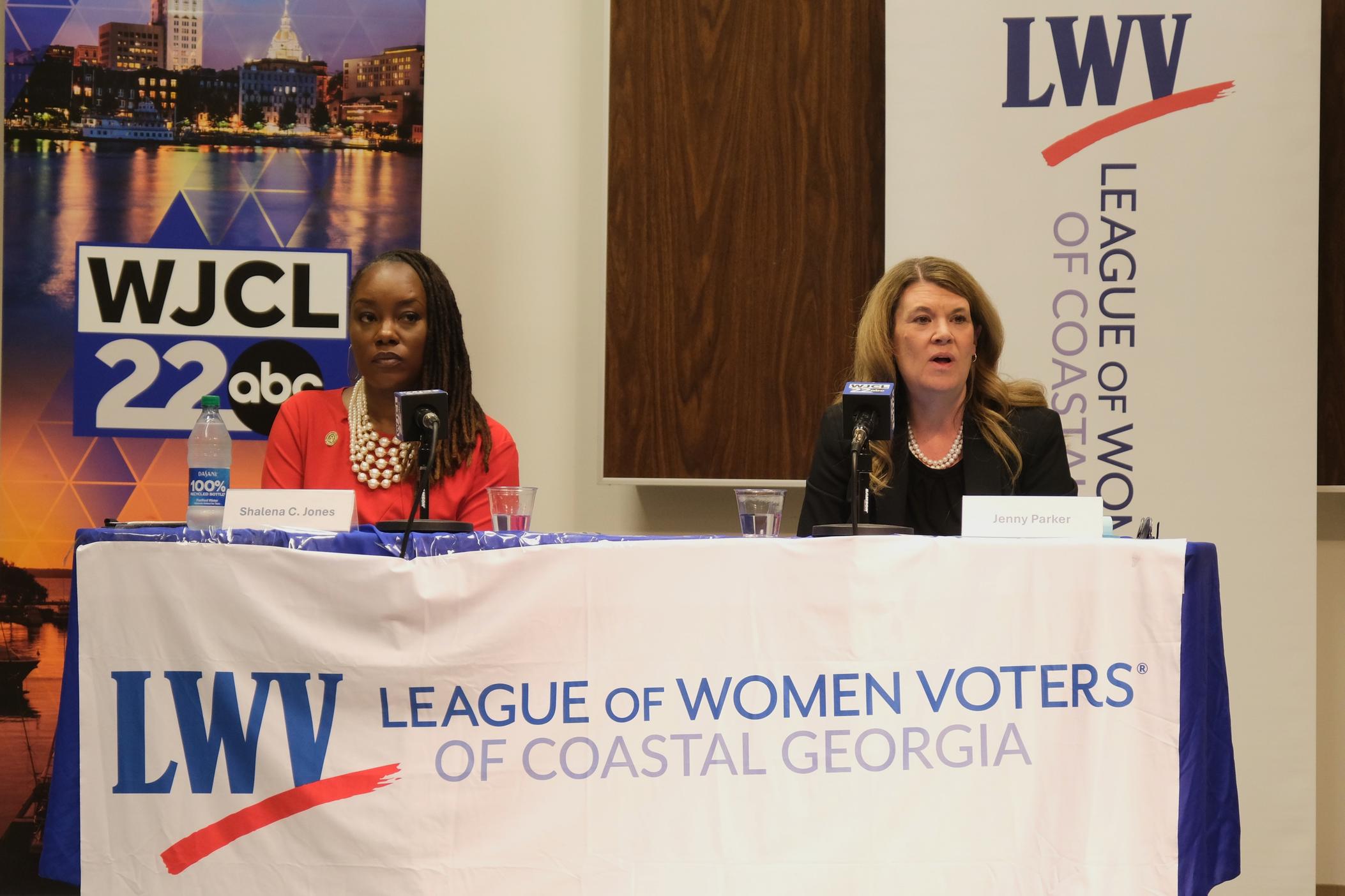 Chatham County District Attorney Shalena Cook Jones, left, listens as former Chatham County chief assistant district attorney Jenny Parker speaks at a candidates' forum in Savannah on April 29, 2024.