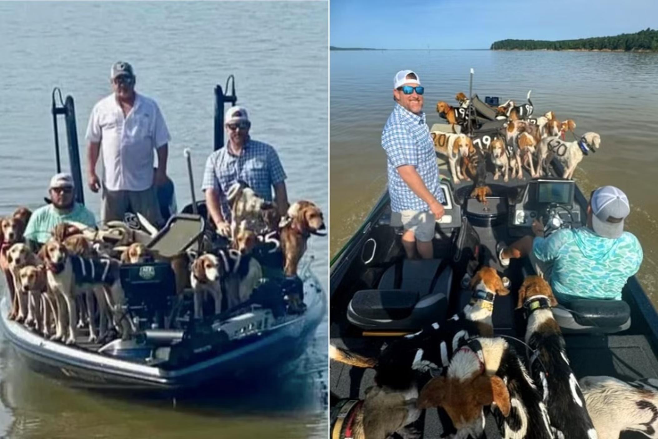 Fisherman Brad Carlisle and fishing guide Jordan Chrestman bring boatloads of dogs back to shore after they were found struggling to stay above water far out in Mississippi's Grenada Lake.